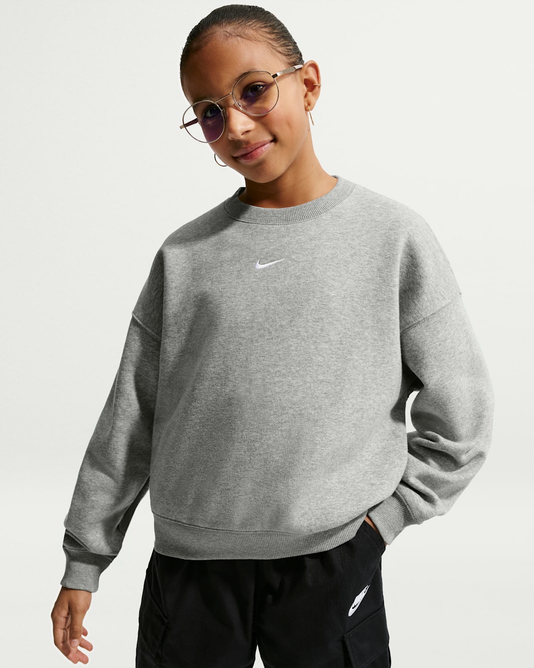 Nike Sportswear Studio Girls' Boxy Fleece Crew-Neck - Dark Grey Heather/White