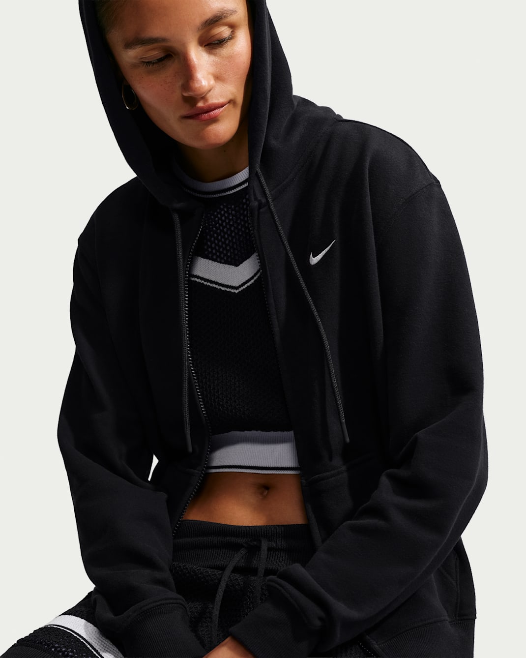 Sudadera con gorro de cierre completo para mujer Nike Studio Fleece Lightweight - Total Black/Vela