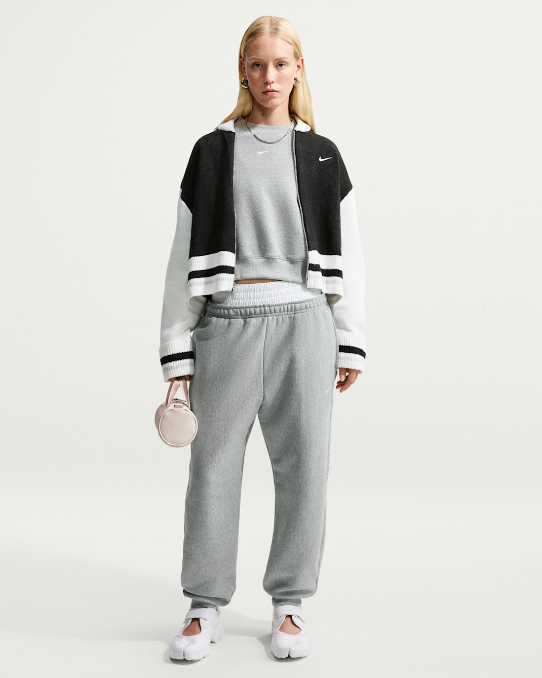 Damskie joggery o kroju oversize z wysokim stanem Nike Studio Fleece Heavyweight - Dark Grey Heather/Sail
