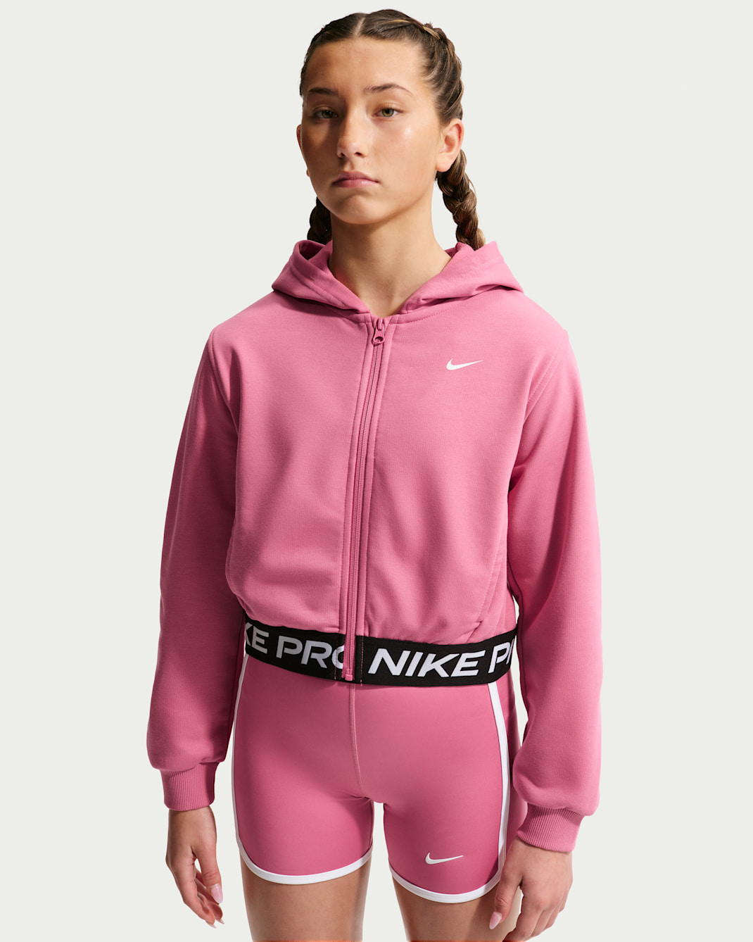 Nike Pro Fleece Big Kids' (Girls') Dri-FIT Full-Zip Hoodie - Peony/Peony/Black/White