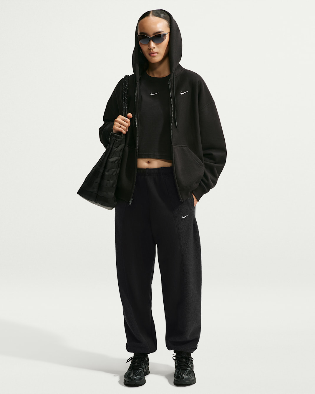 Nike Studio Fleece Heavyweight Plush Women's Oversized High-Rise Pants - Total Black/Black/Sail