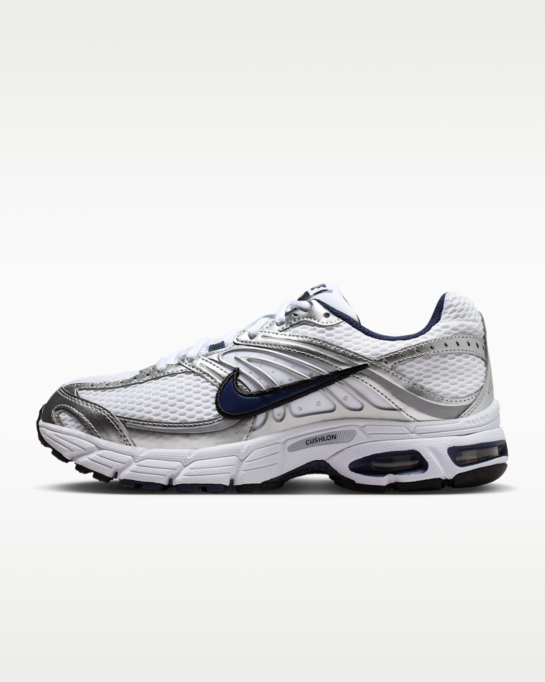 Nike Air Max Moto 2K-sko til kvinder med reflekterende detaljer - hvid/Metallic Silver/sort/Midnight Navy