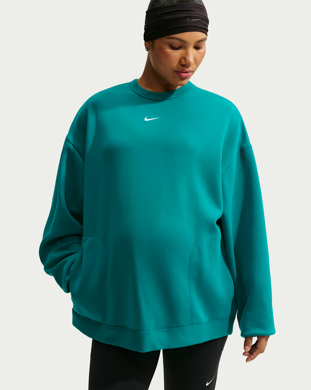 Nike (M) Studio Fleece Sport Women's Dri-FIT Oversized Crew-Neck Sweatshirt (Maternity) - Bright Spruce/White