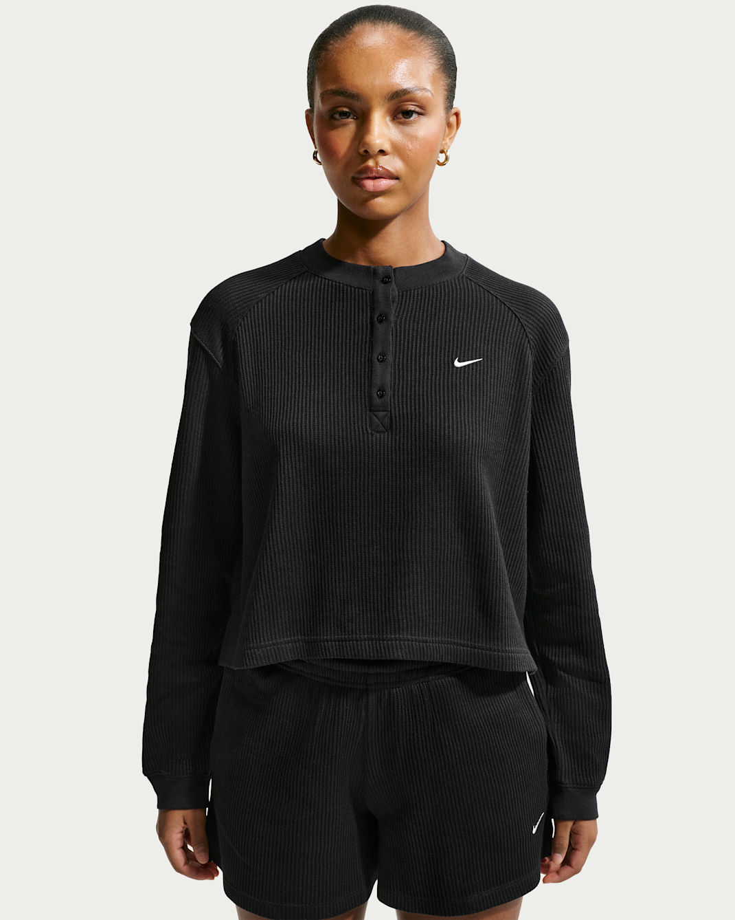 Nike Sportswear Chill Waffle Women's Oversized Long-Sleeve Henley Top - Black/Sail