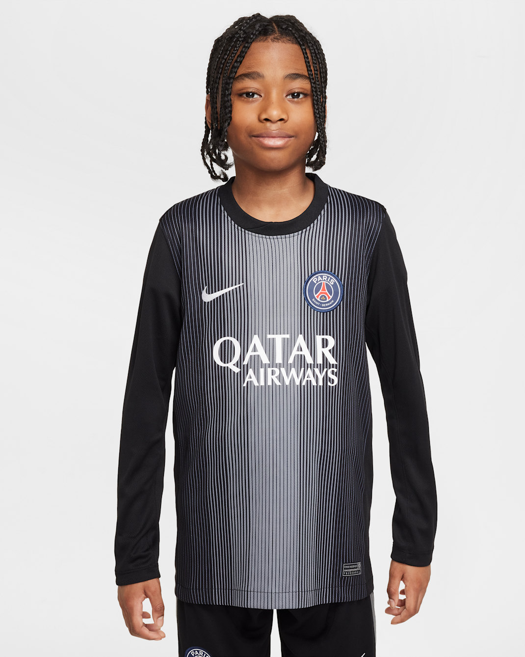 Maglia da calcio replica a manica lunga Nike Dri-FIT Paris Saint-Germain 2025/26 Stadium per ragazzo/a – Goalkeeper - Nero/Smoke Grey/Bianco