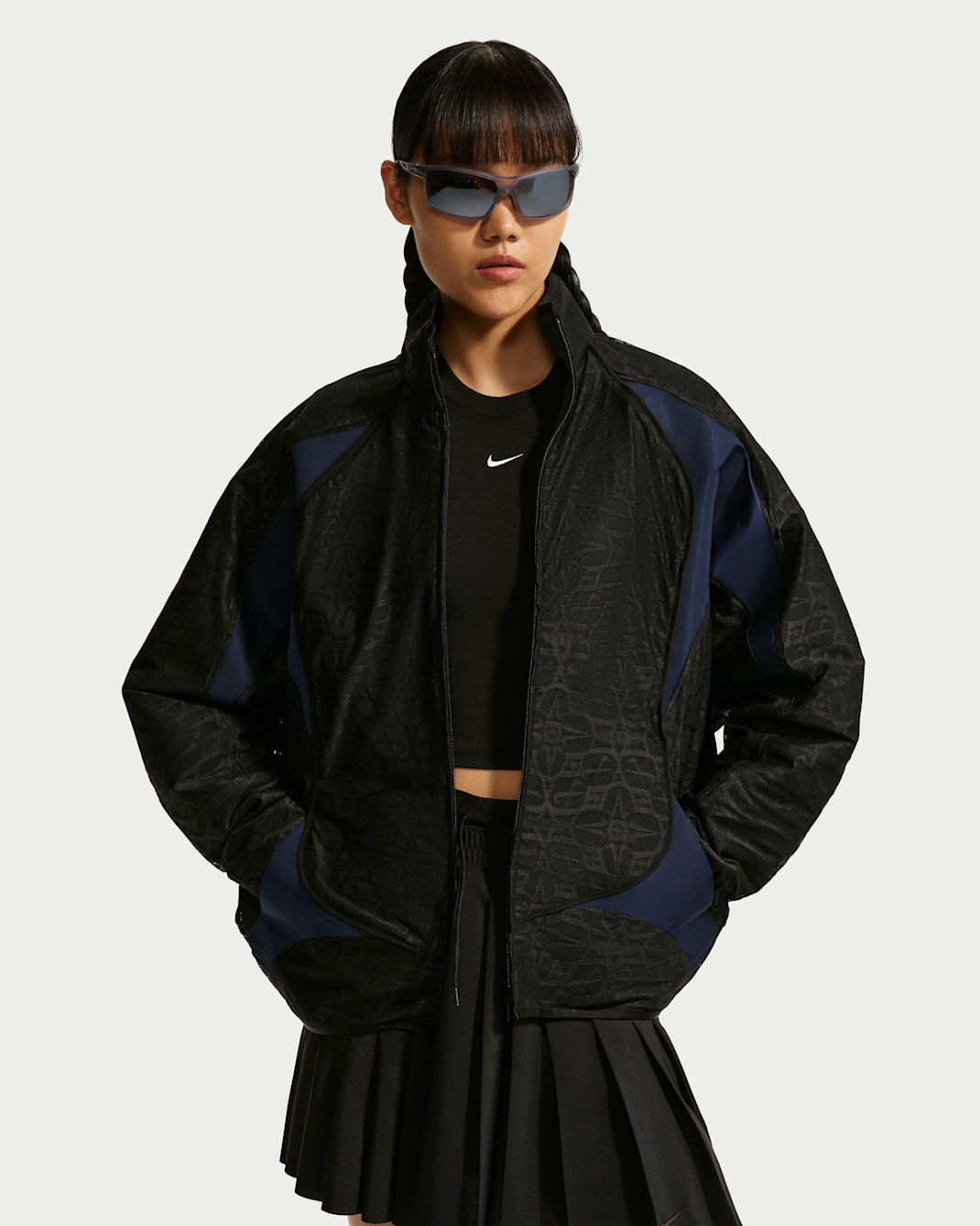 나이키 스포츠웨어 여성 오버사이즈 레이스 트랙 재킷 - 블랙/미드나이트 네이비/화이트/미드나이트 네이비