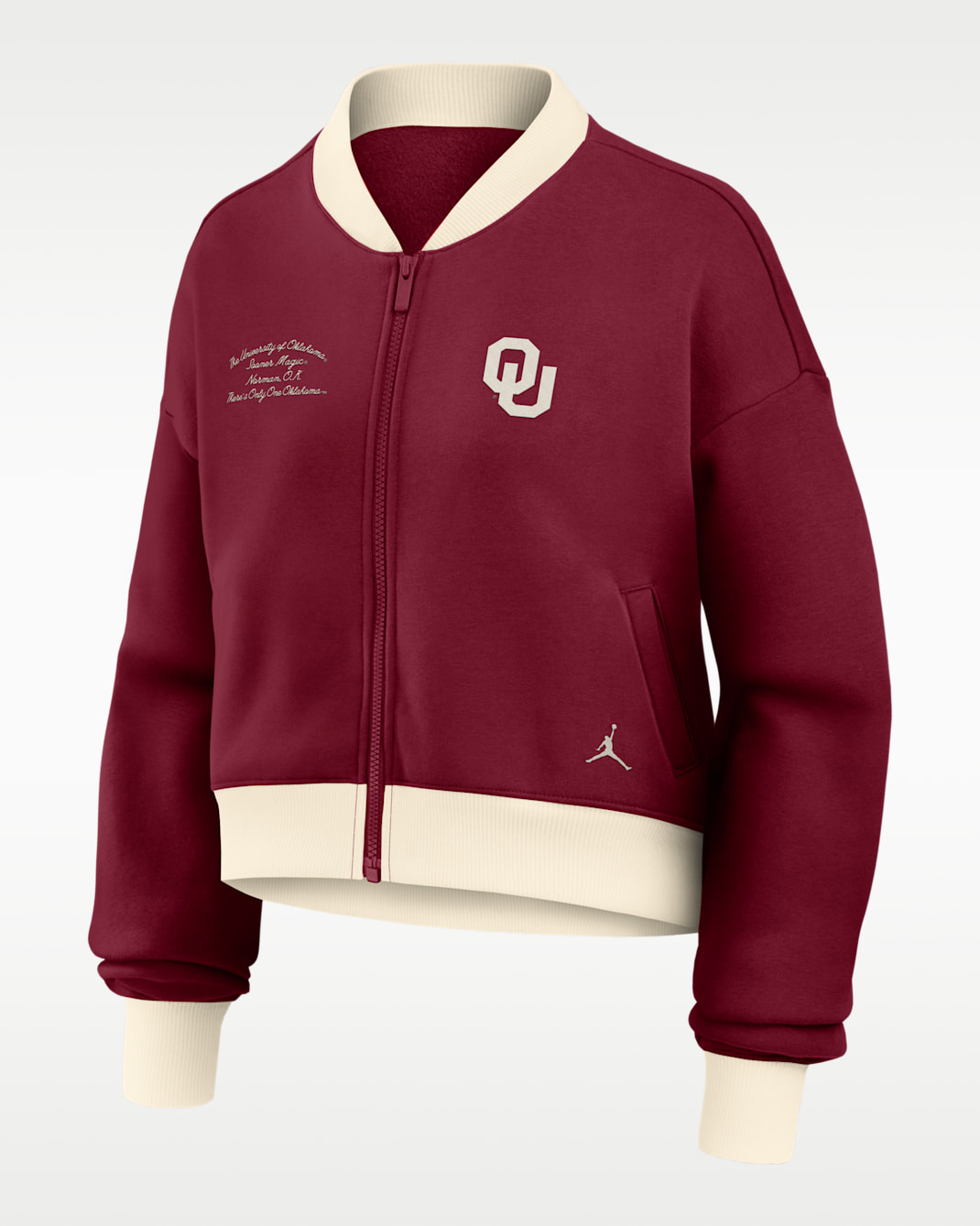 Oklahoma Academic Women's Jordan Brand College Oversized Cropped Full-Zip Bomber Jacket - Crimson/Natural