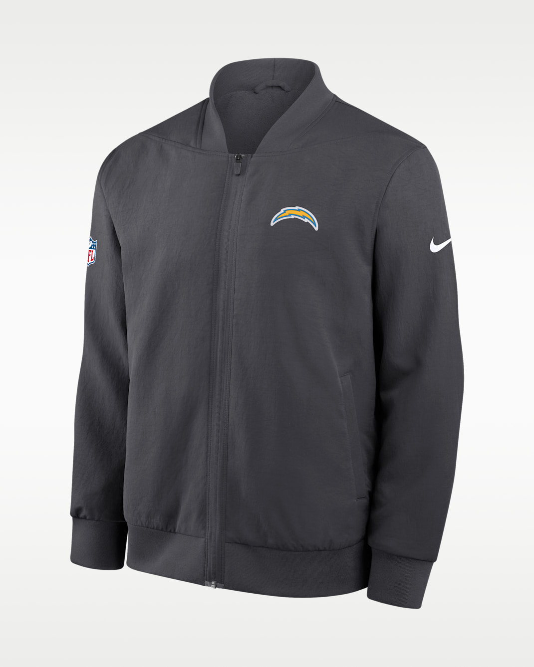 Chamarra bomber Nike de la NFL de cierre completo para hombre Los Angeles Chargers Sideline - Antracita