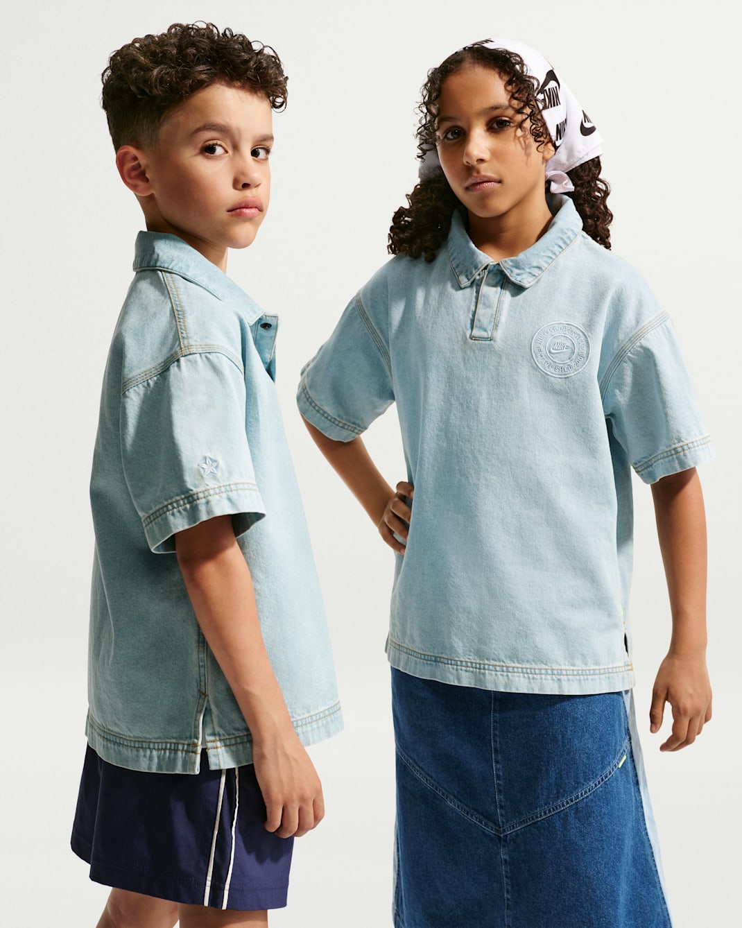 Nike Sportswear Collection Big Kids' Denim Short-Sleeve Polo - Light Armory Blue/Light Armory Blue/Wheat/Light Armory Blue