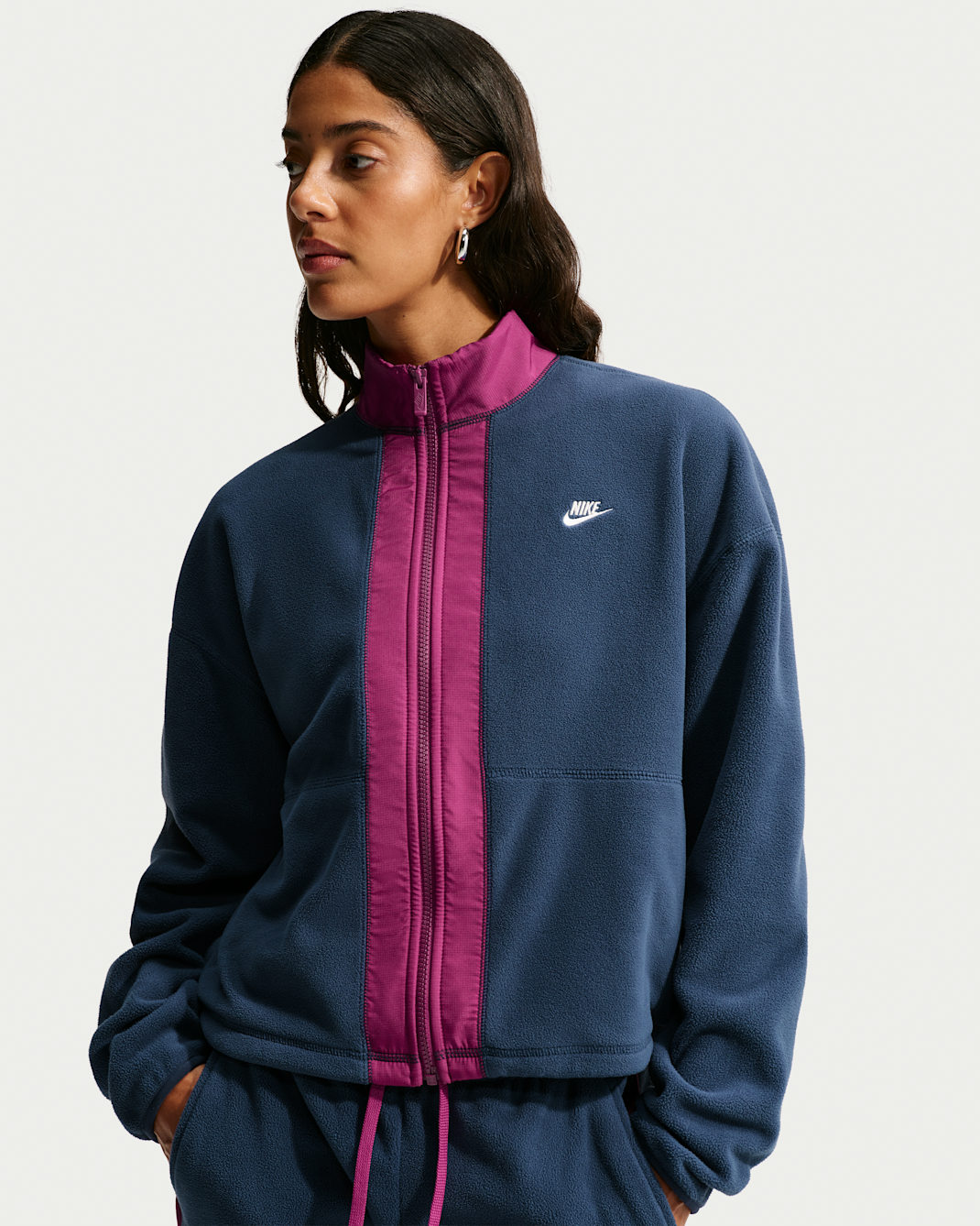 Nike Sportswear Women's Loose Therma-FIT Full-Zip Sweatshirt - Midnight Navy/True Berry/Sail