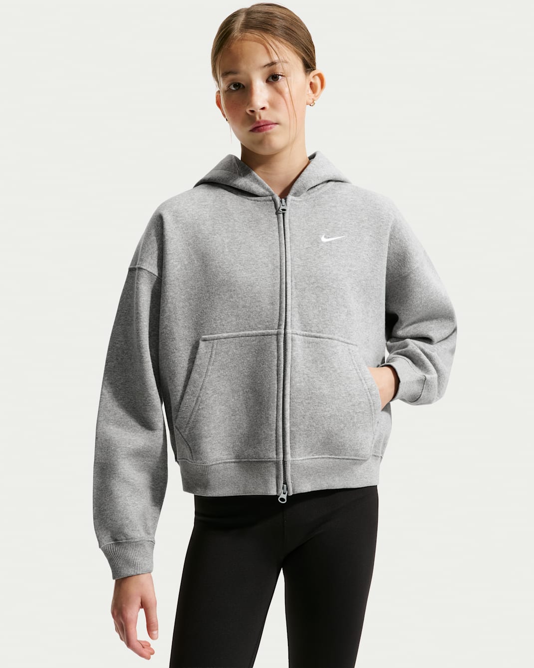 Nike Sportswear Studio Fleece Big Kids' (Girls') Oversized Full-Zip Hoodie - Dark Grey Heather/Particle Grey/White