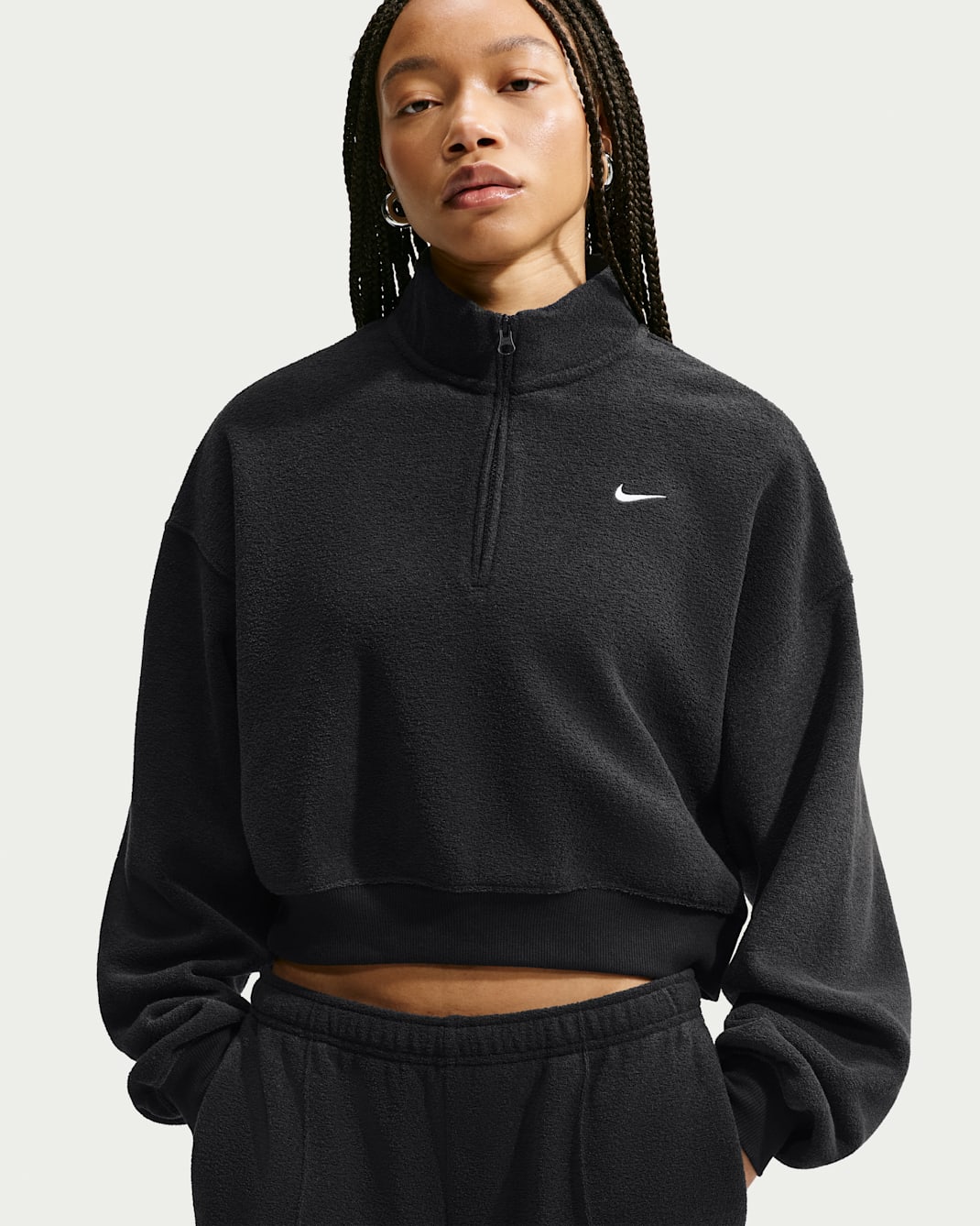 Nike Studio Fleece Medium Weight Plush Women's Oversized 1/4-Zip Cropped Top - Black/Sail