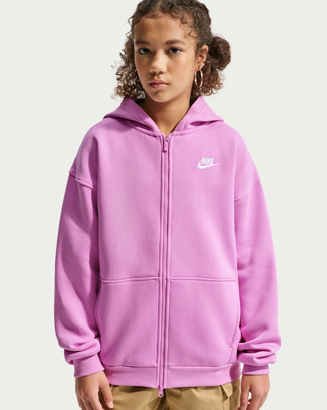 Oversized Nike Sportswear Club Fleece-hættetrøje med lynlås til større børn - Light Magenta/hvid