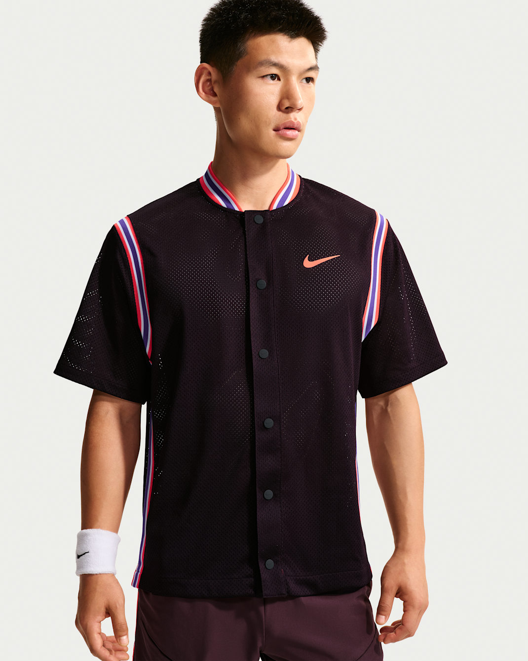 NikeCourt Slam Men's Dri-FIT Button-Up Tennis Top - Burgundy Ash/Bright Crimson