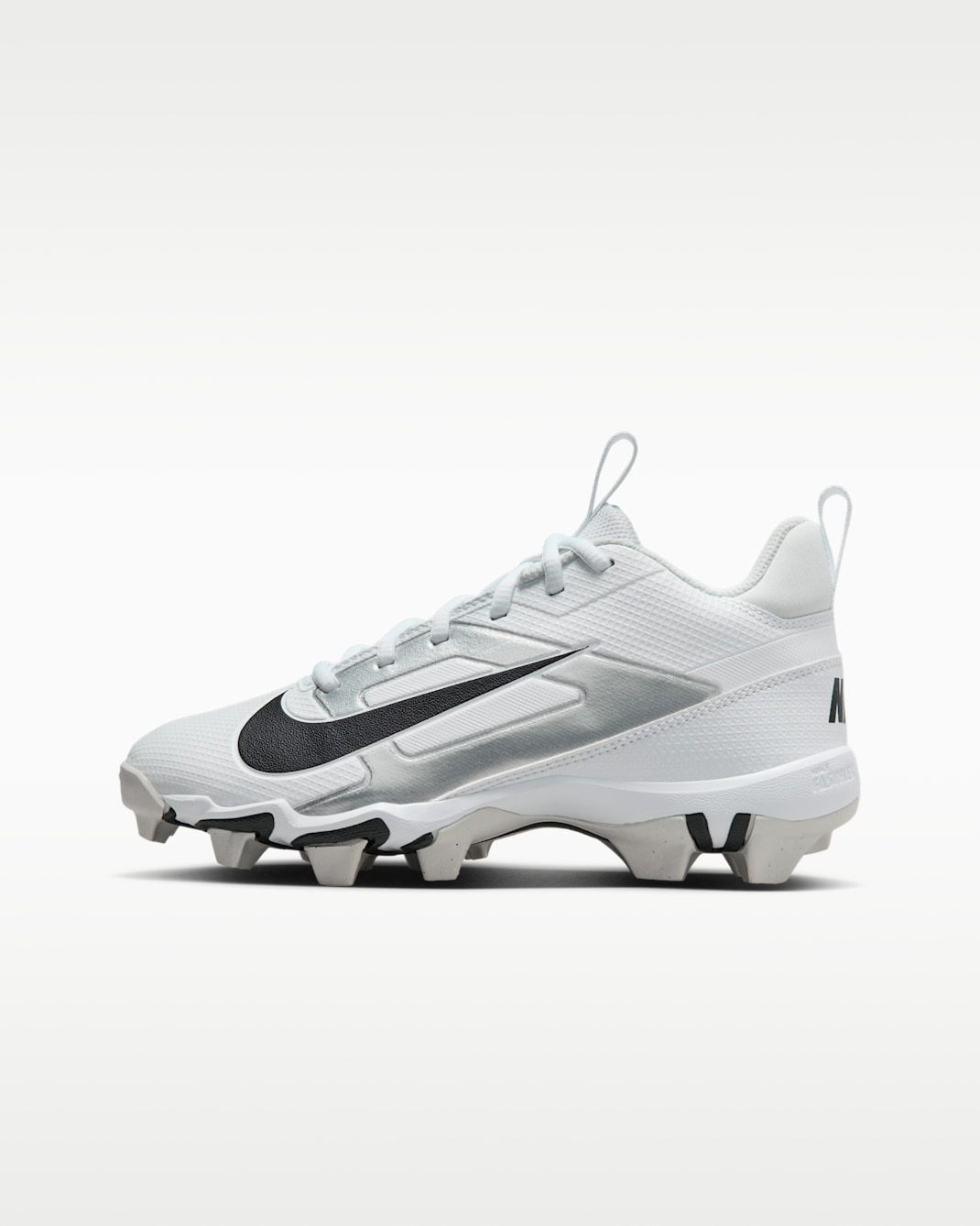 Tacos de fútbol para niños grandes Nike Alpha Menace 4 Shark - Blanco/Plata metalizado/Polvo fotón/Negro