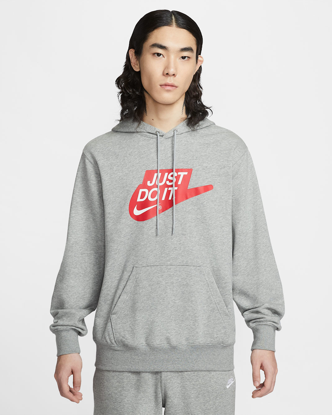 Nike Sportswear Club Men's French Terry Pullover Hoodie - Dark Grey Heather/Light Smoke Grey/White