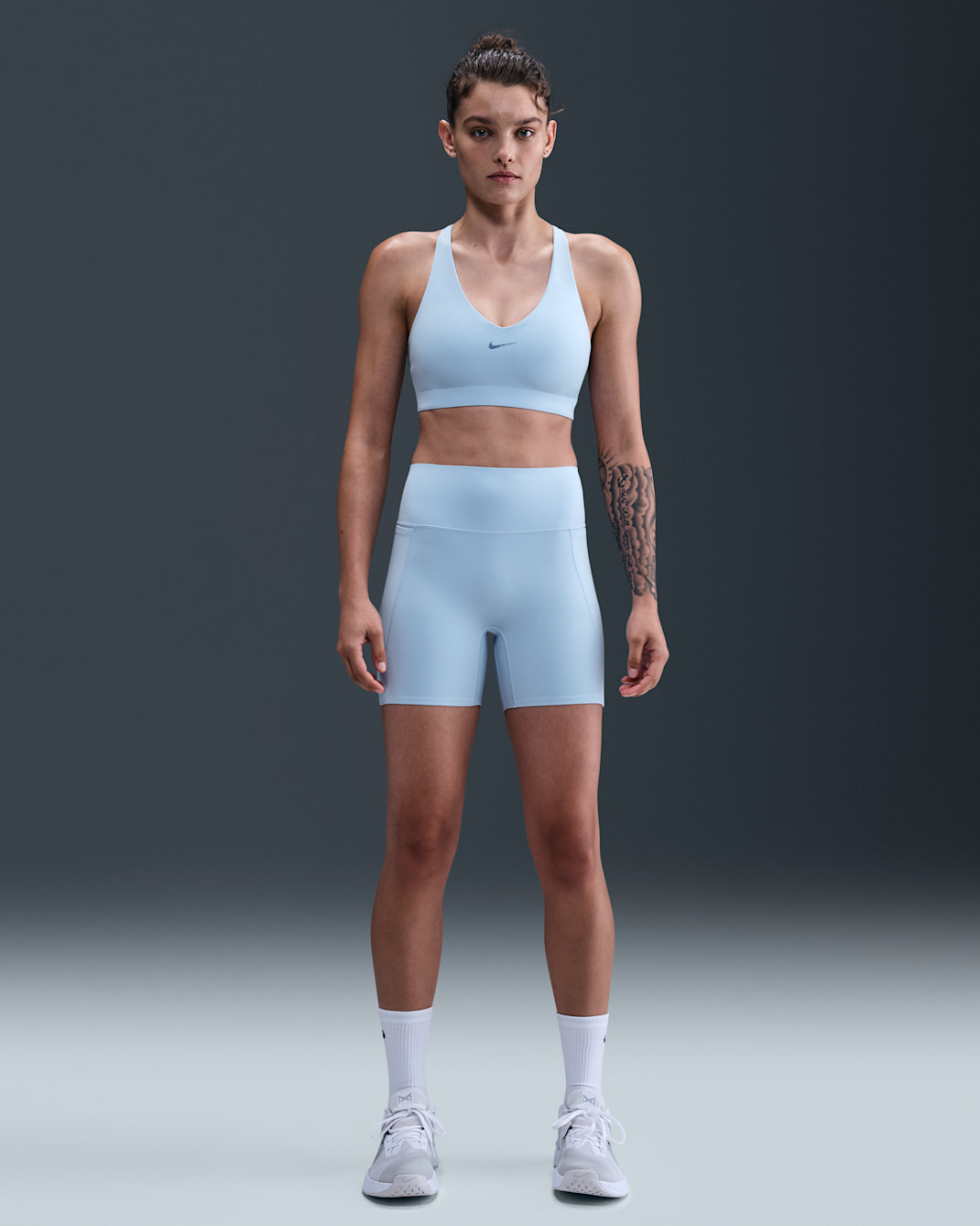 Nike Universa Women's High-Waisted 5" Biker Shorts with No Front Seam - Celestine Blue/Chambray/Work Blue