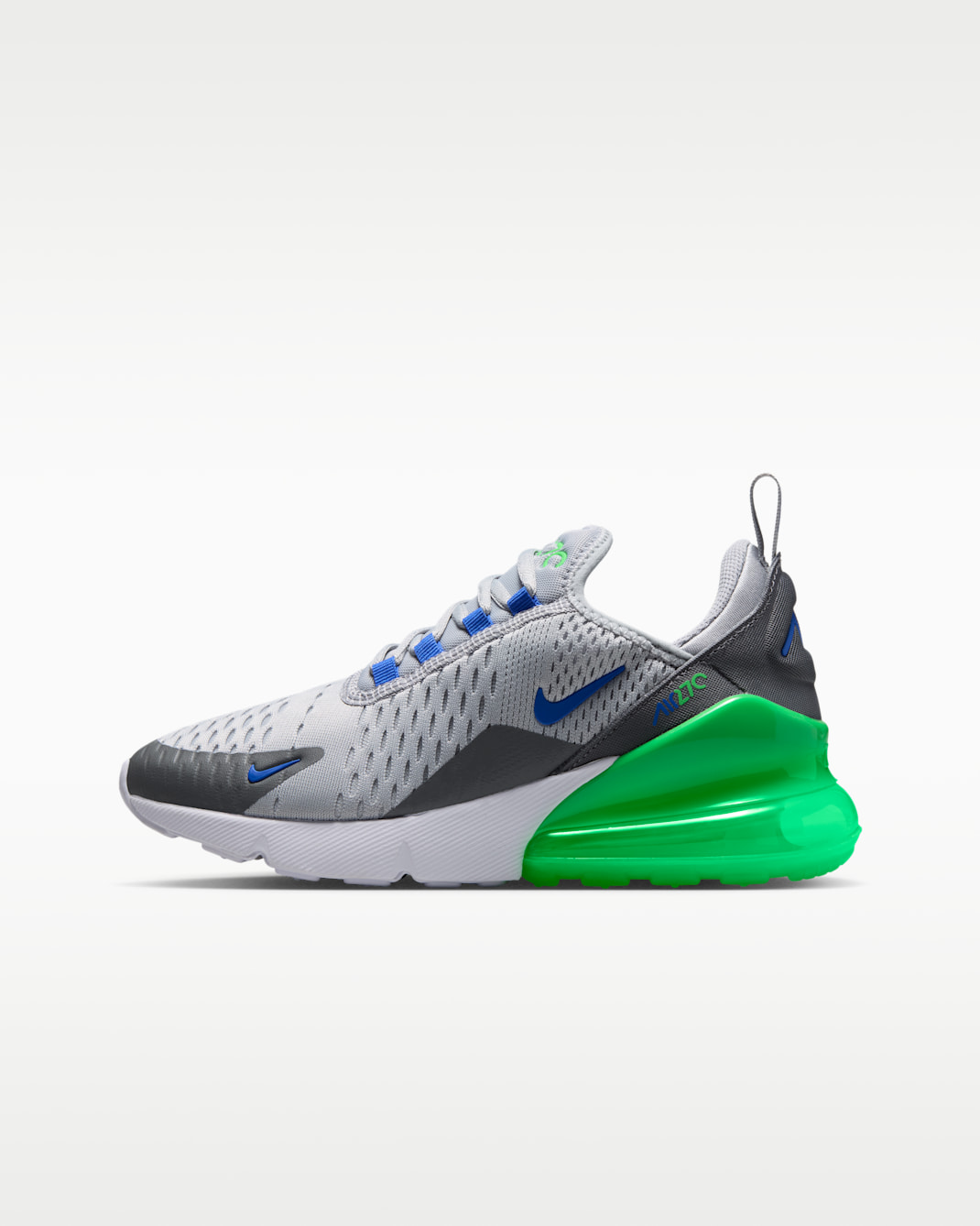Tenis para niños grandes Nike Air Max 270 - Gris lobo/Gris humo/Verde chispa/Azul carrera