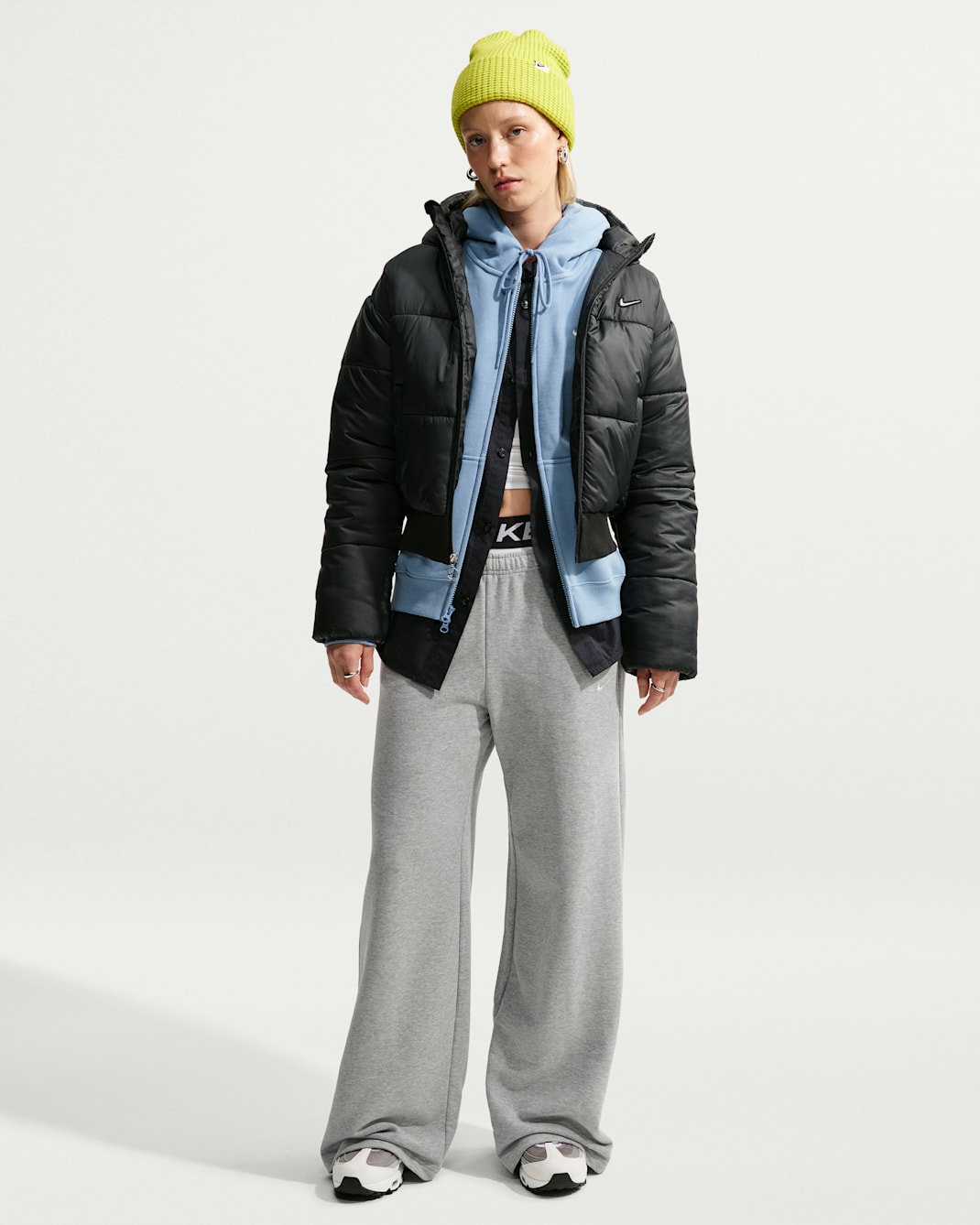 Pants de pierna ancha tiro medio para mujer Nike Studio Fleece "French Terry" ligeros - Gris oscuro jaspeado/Vela
