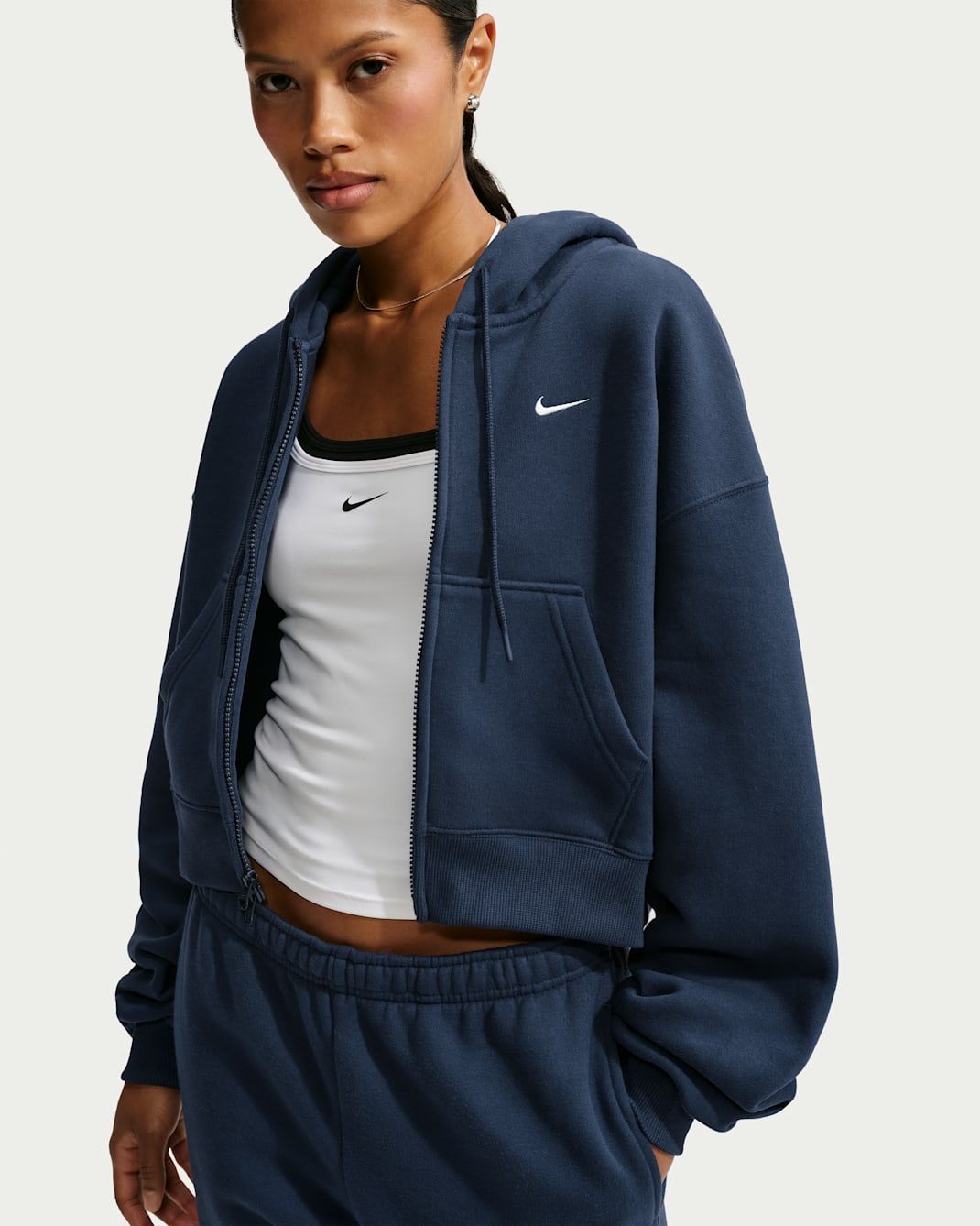 Nike Studio Fleece Medium Weight Women's Oversized Full-Zip Cropped Hoodie - Midnight Navy/Sail