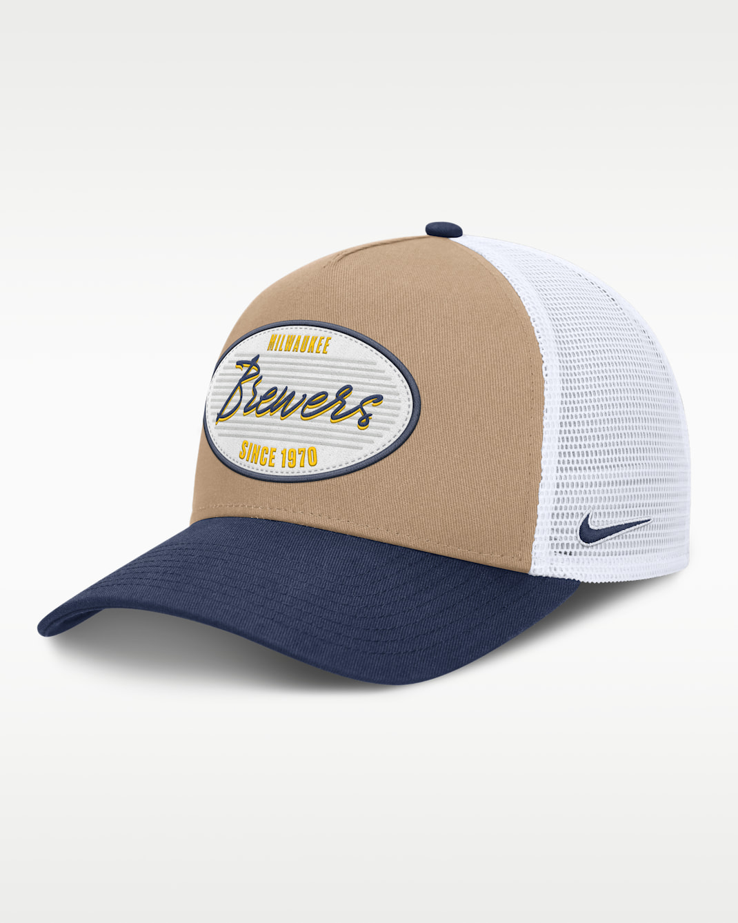 Milwaukee Brewers Rise Men's Nike MLB A-Frame Trucker Adjustable Hat - Khaki/Navy/Navy