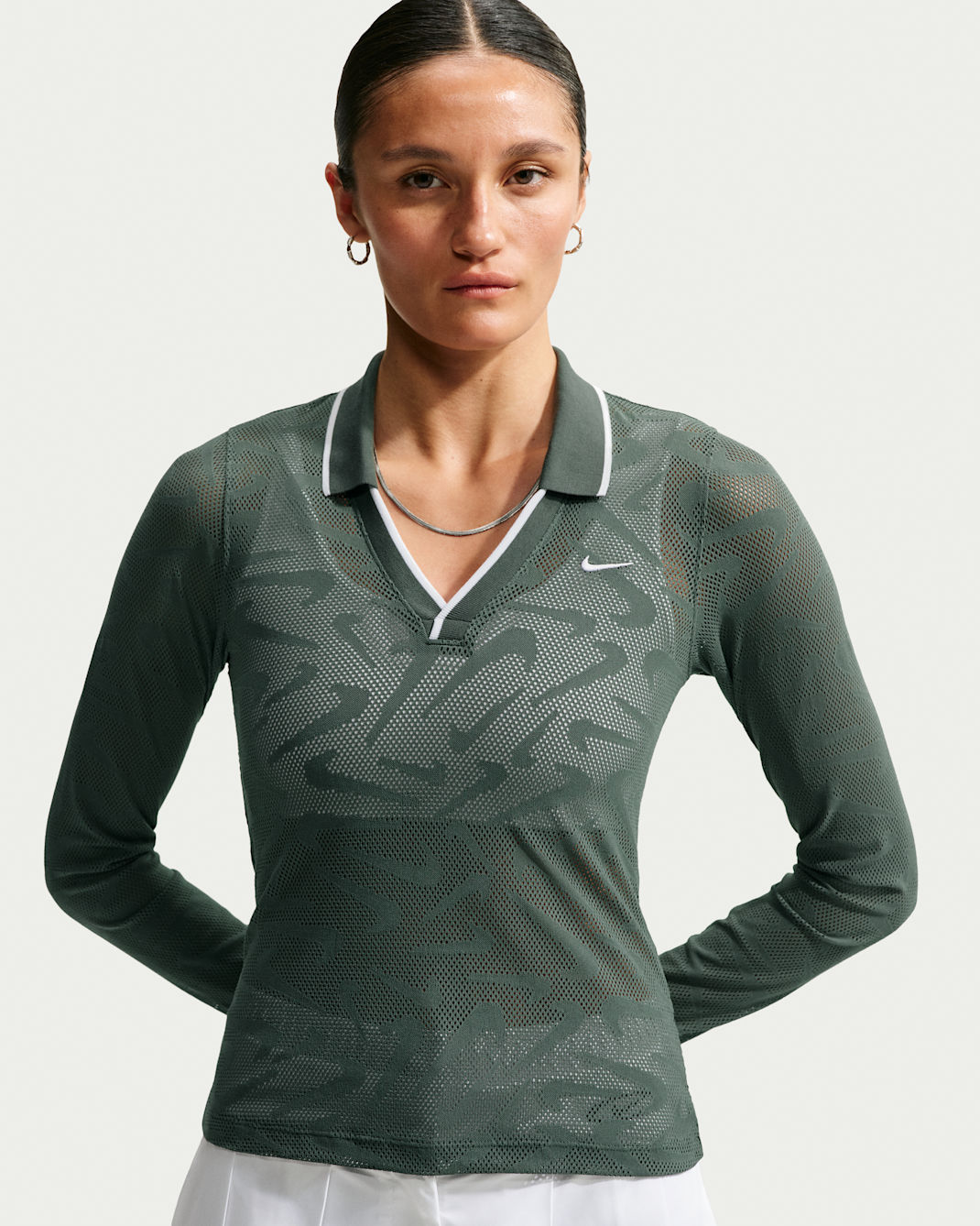 Nike Sportswear Chill Knit Women's Tight Mod-Cropped Long-Sleeve Lace Top - Camo Green/Camo Green/White/White