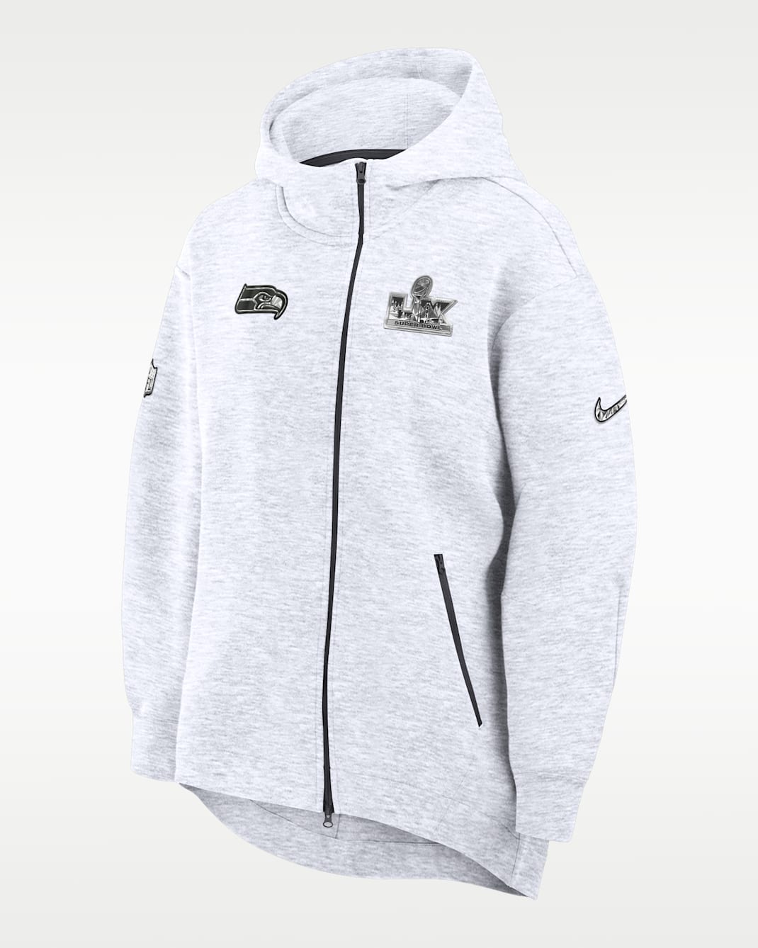 Seattle Seahawks Super Bowl LX Opening Night Tech Fleece Women's Nike NFL Full-Zip Hooded Cape - Light Grey Heather