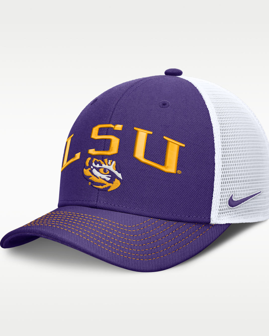 Gorra de rejilla universitaria Nike Dri-FIT ajustable para hombre LSU Primetime Arched - Morado/Blanco