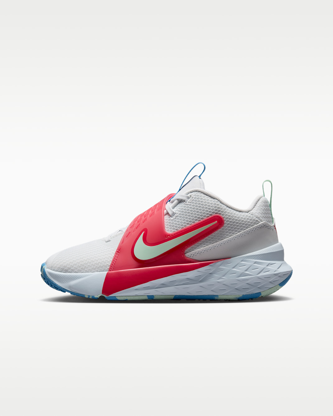 Tenis de básquetbol para niños grandes Nike Team Hustle D 12 - Blanco cáscara de huevo/Azul aurora/Rosa tropical/Verde ártico