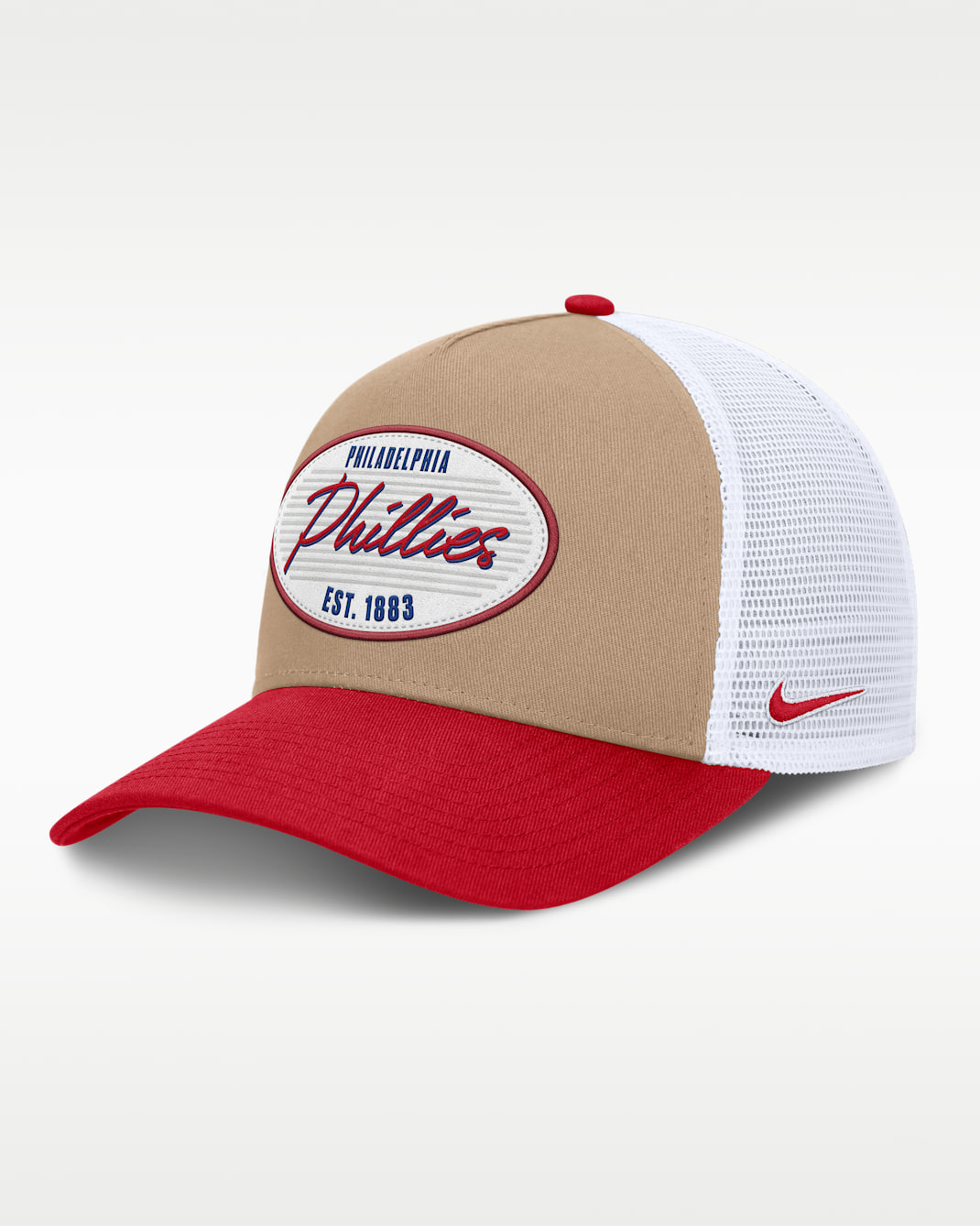 Philadelphia Phillies Rise Men's Nike MLB A-Frame Trucker Adjustable Hat - Khaki/Red/White/Red