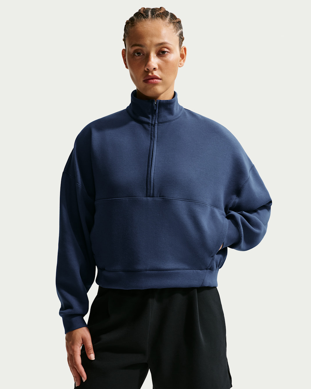 Playera Dri-FIT oversized de medio cierre para mujer Nike 24.7 ImpossiblySoft - Azul marino medianoche/Obsidiana oscuro