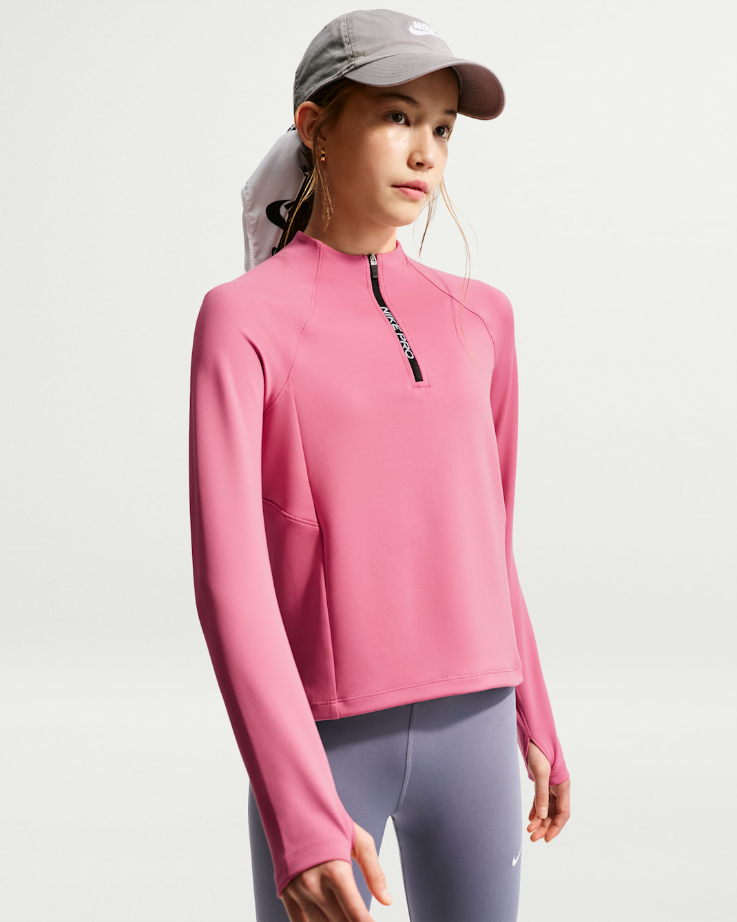 Nike Pro Older Kids' (Girls') Dri-FIT Half-Zip Long Sleeve - Peony/Peony/White