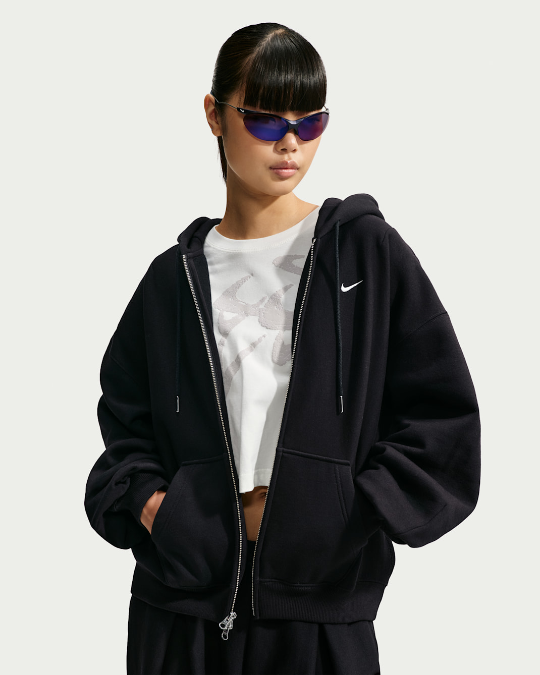 Sudadera con gorro plisada oversized de cierre completo para mujer Nike Studio Fleece Heavyweight - Total Black/Vela