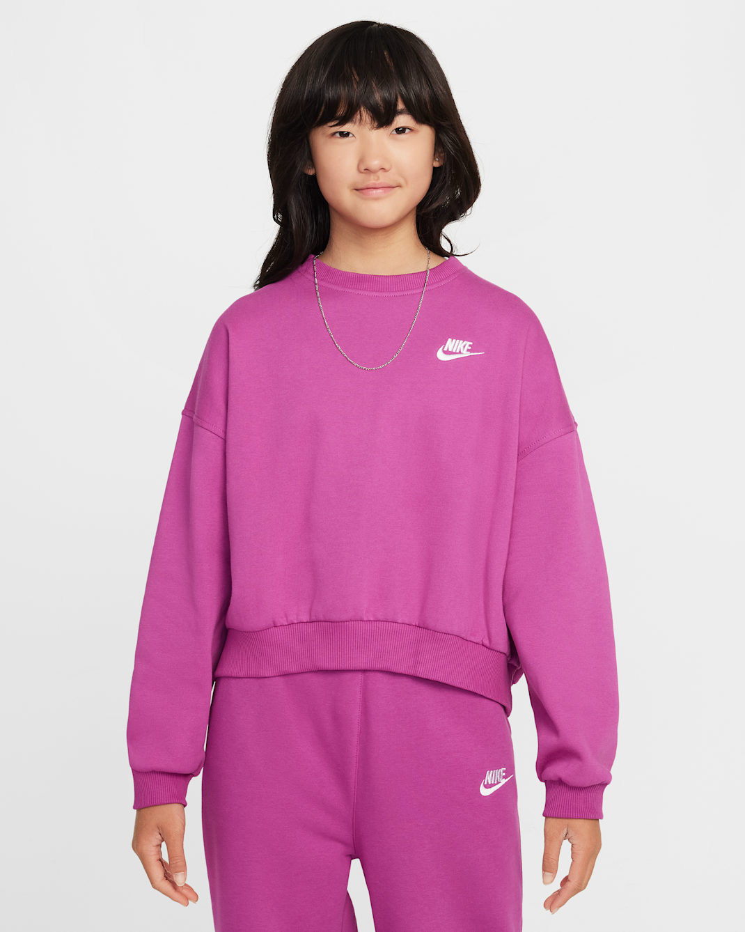 Sudadera de cuello redondo Dri-FIT de corte cuadrado para niña Nike Sportswear Club Fleece - Fucsia cálido/Blanco