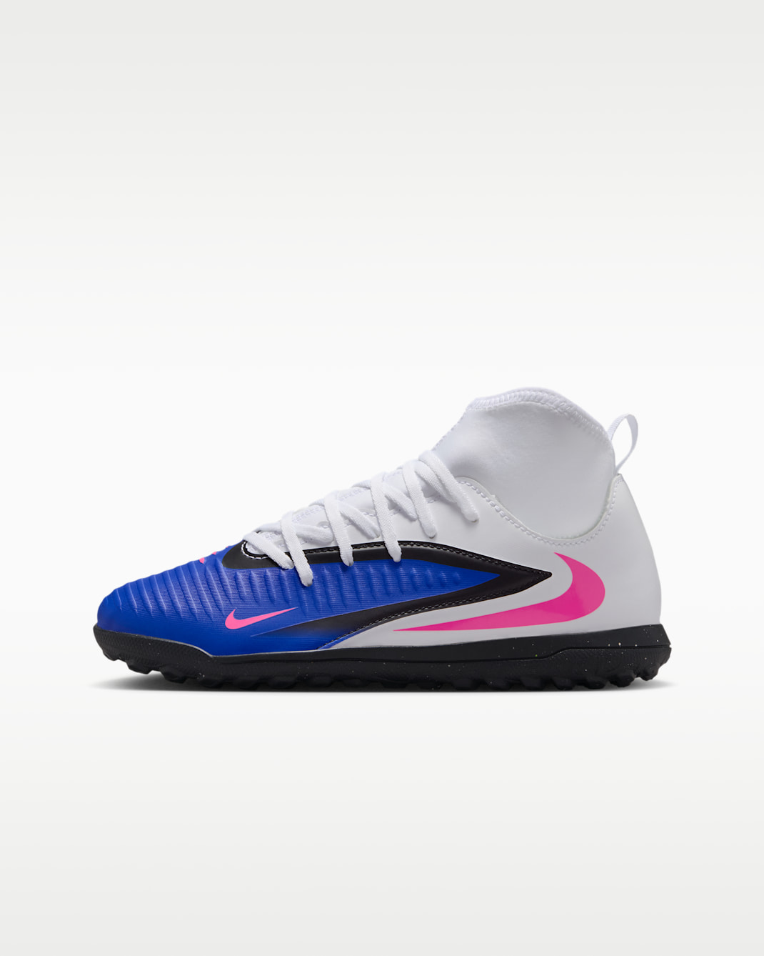 Tacos de fútbol para pasto sintético (turf) para niños grandes Nike Jr. Phantom 6 High Club - Azul carrera/Blanco/Avalancha rosa