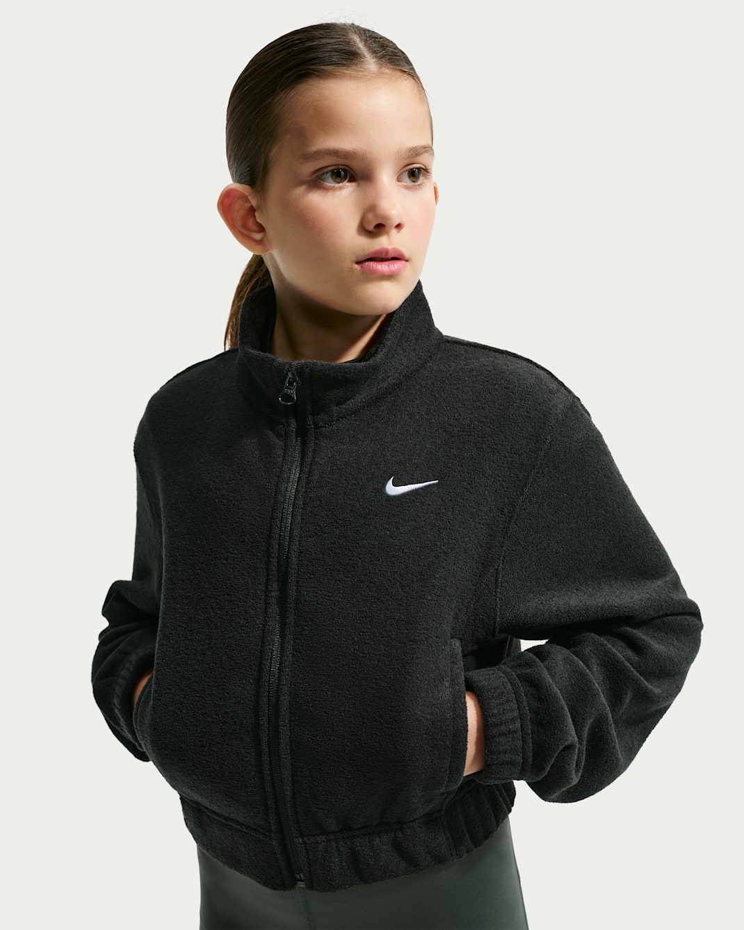 Nike Pro Tam Boy Fermuarlı Therma-FIT Genç Çocuk (Kız) Fleece Üst - Siyah/Beyaz