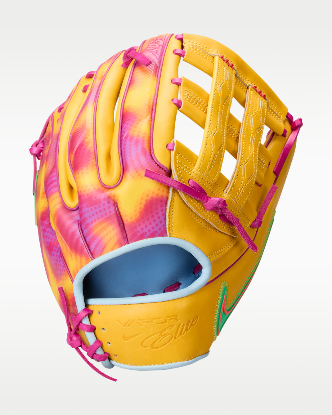 Nike Vapor Elite “Ronald Acuña Jr.” Guante de campo de béisbol de red H (lanzamiento con la mano derecha) - Oro universitario/Hipervioleta/Verde impacto