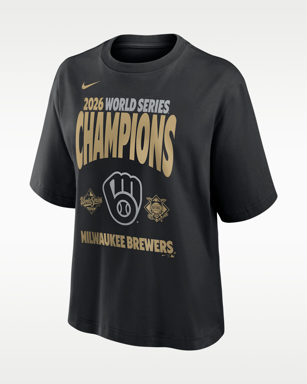 Milwaukee Brewers 2026 World Series Champions Raise the Trophy Boxy Women's Nike MLB T-Shirt - Black
