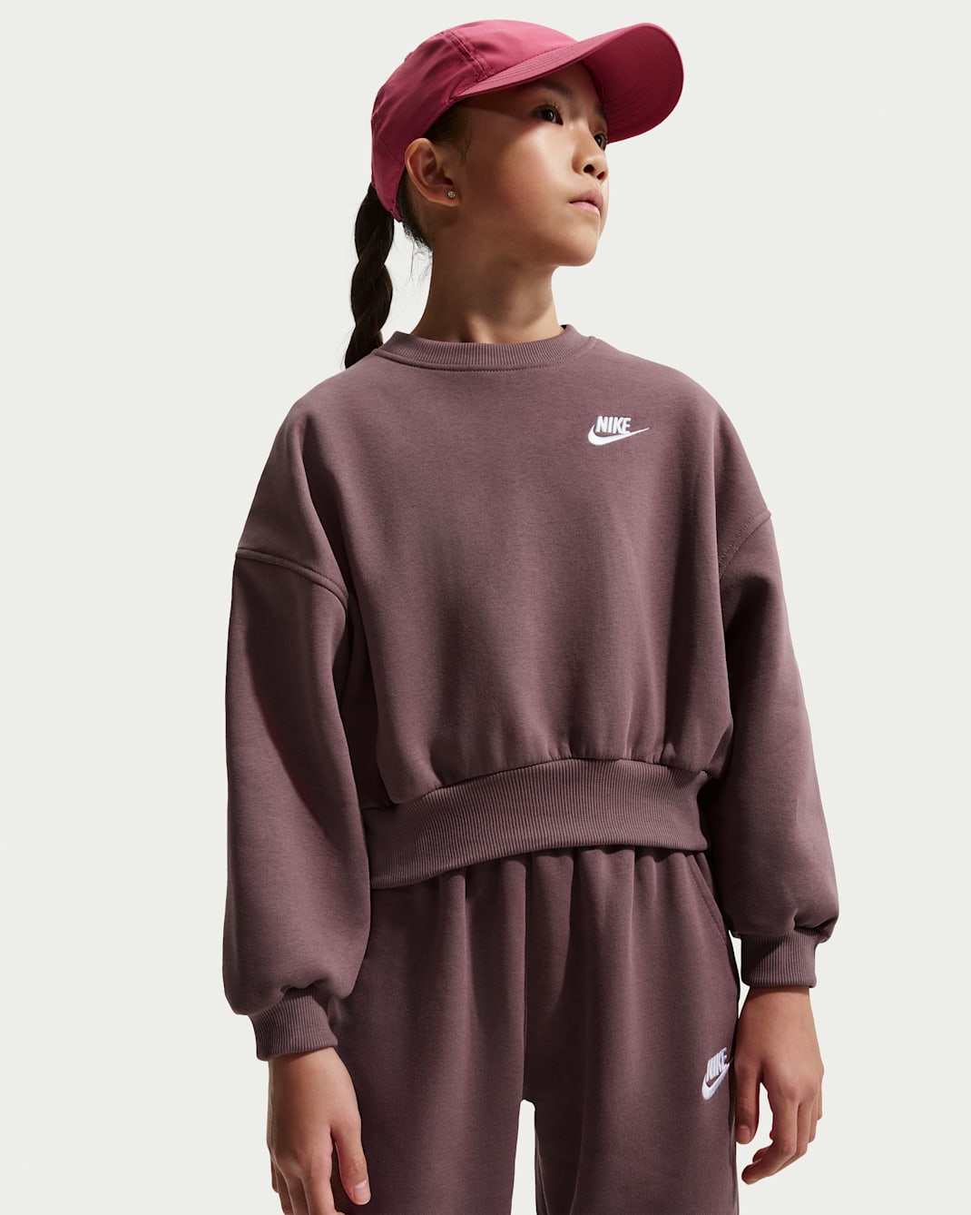 Nike Sportswear Club Fleece Girls' Boxy Crew-Neck Sweatshirt - Tattoo/Tattoo/White