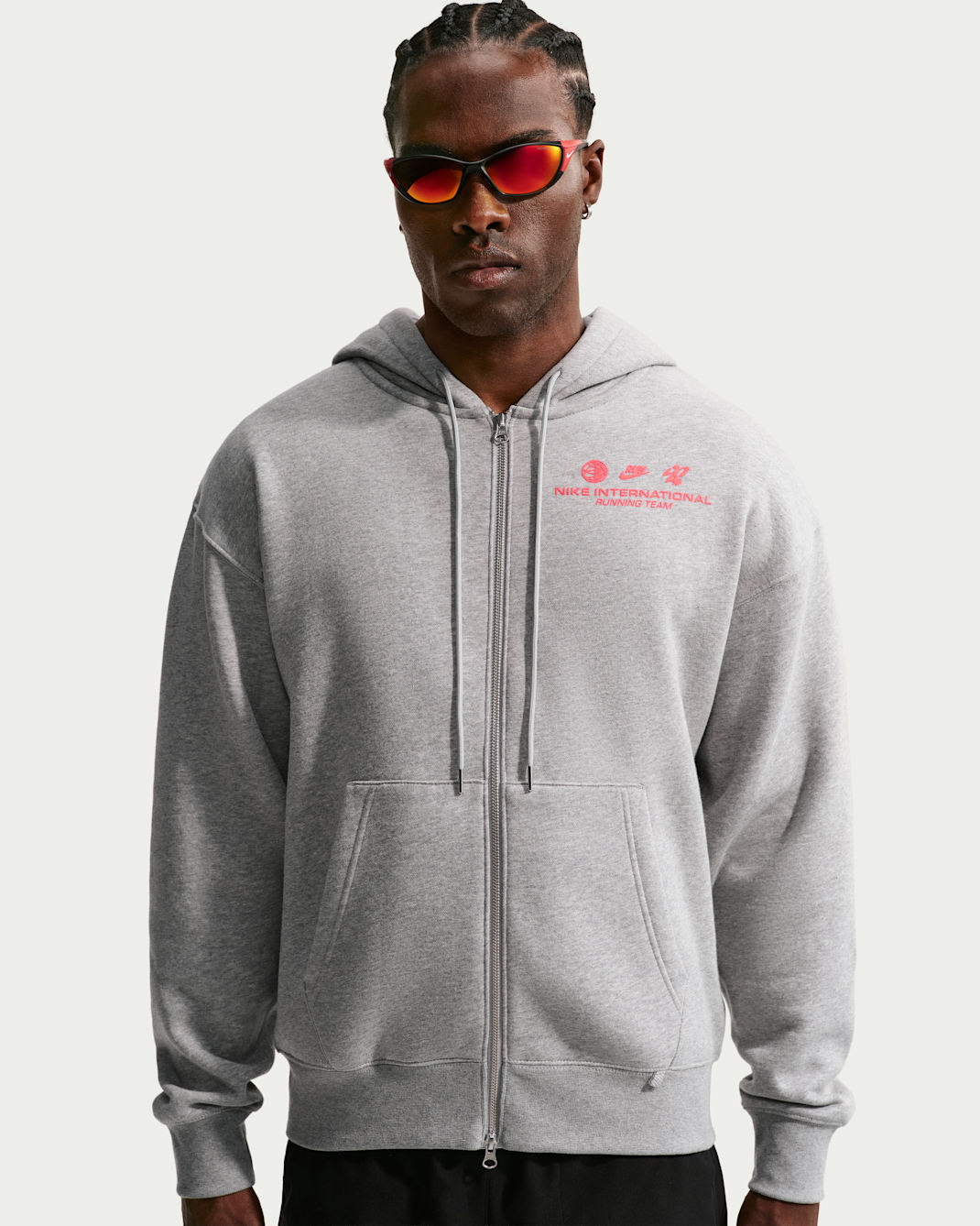 Ανδρική φλις μπλούζα με κουκούλα και φερμουάρ σε όλο το μήκος για τρέξιμο Nike - Dark Grey Heather/Bright Crimson