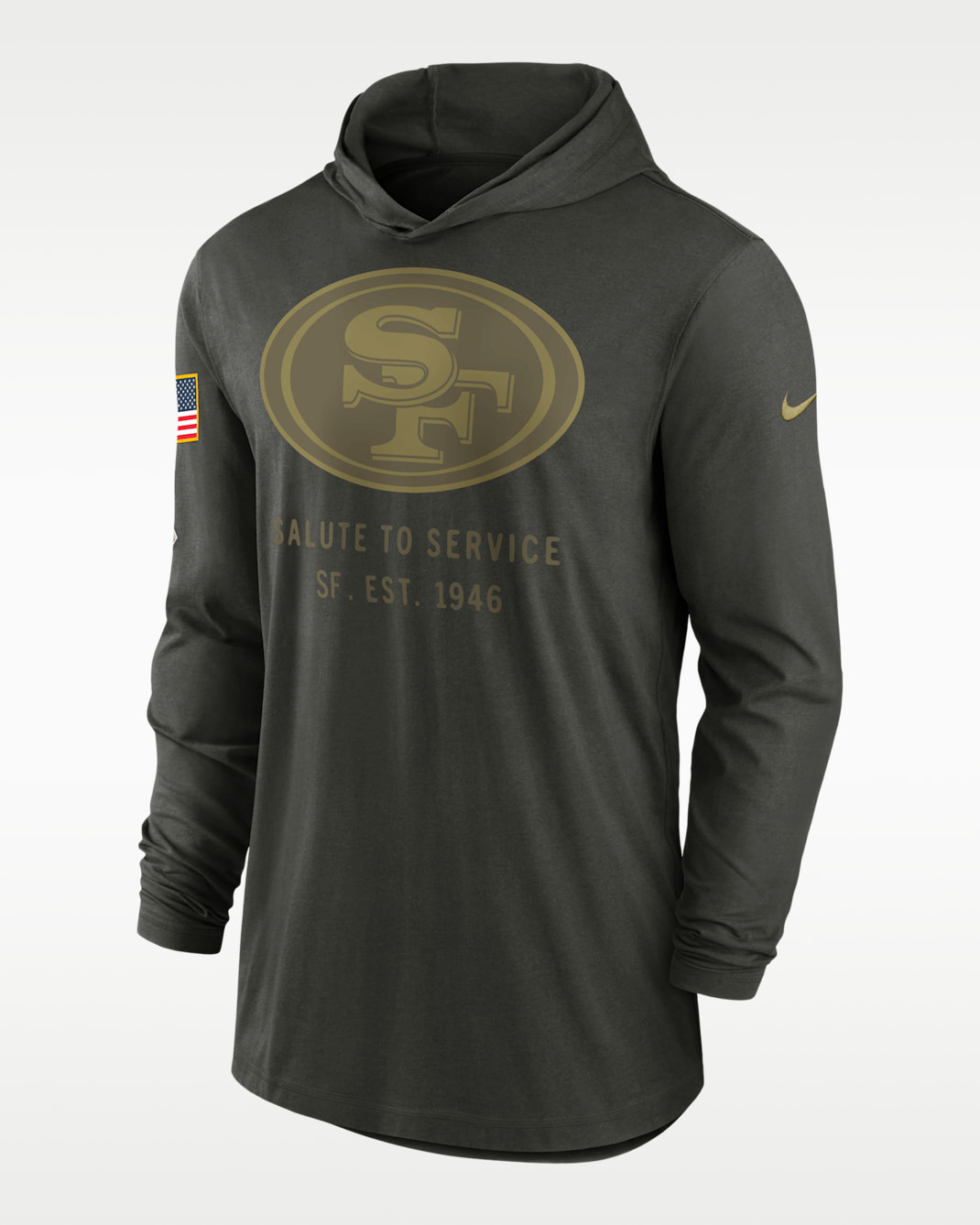 San Francisco 49ers Salute to Service Sideline Men’s Nike Dri-FIT NFL Long-Sleeve Hooded Top - Sequoia