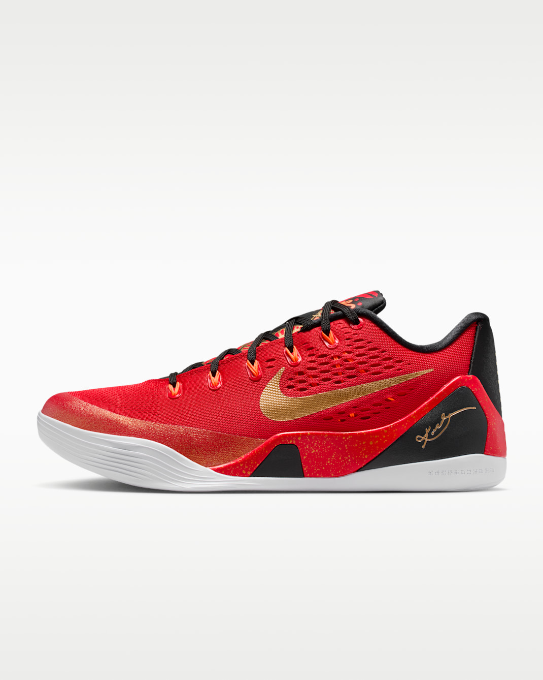 Tenis de básquetbol Kobe 9 Low - Rojo universitario/Negro/Oro metalizado