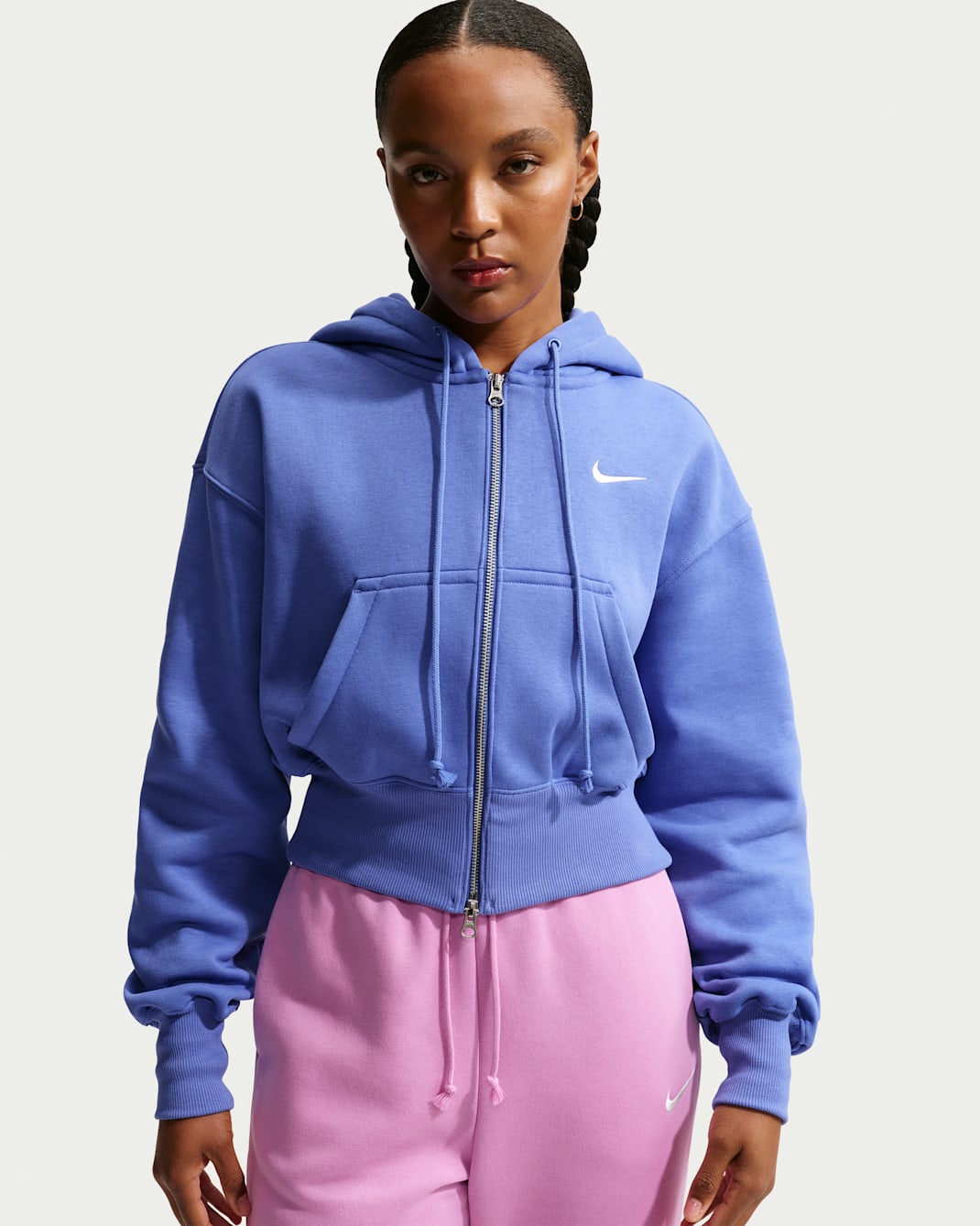 Sudadera con gorro holgada cropped con cierre completo para mujer Nike Sportswear Phoenix Fleece - Azul medio claro/Vela