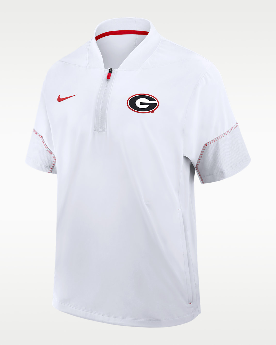 Georgia Sideline Coach Men's Nike College 1/2-Zip Short-Sleeve Hooded Jacket - White/University Red