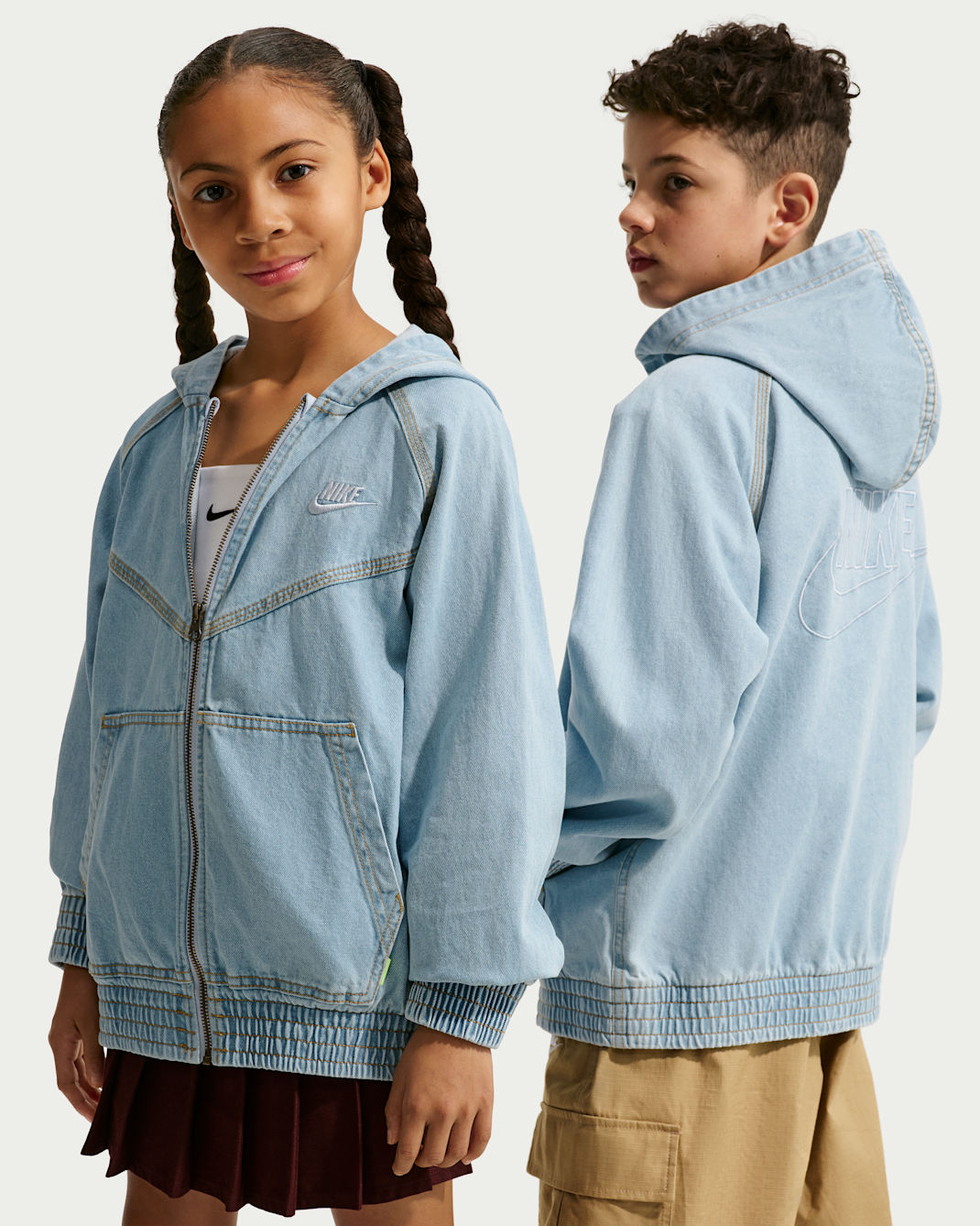 Nike Sportswear Collection Older Kids' Full-Zip Hooded Denim Jacket - Light Armoury Blue/Light Armoury Blue/Wheat/Light Armoury Blue