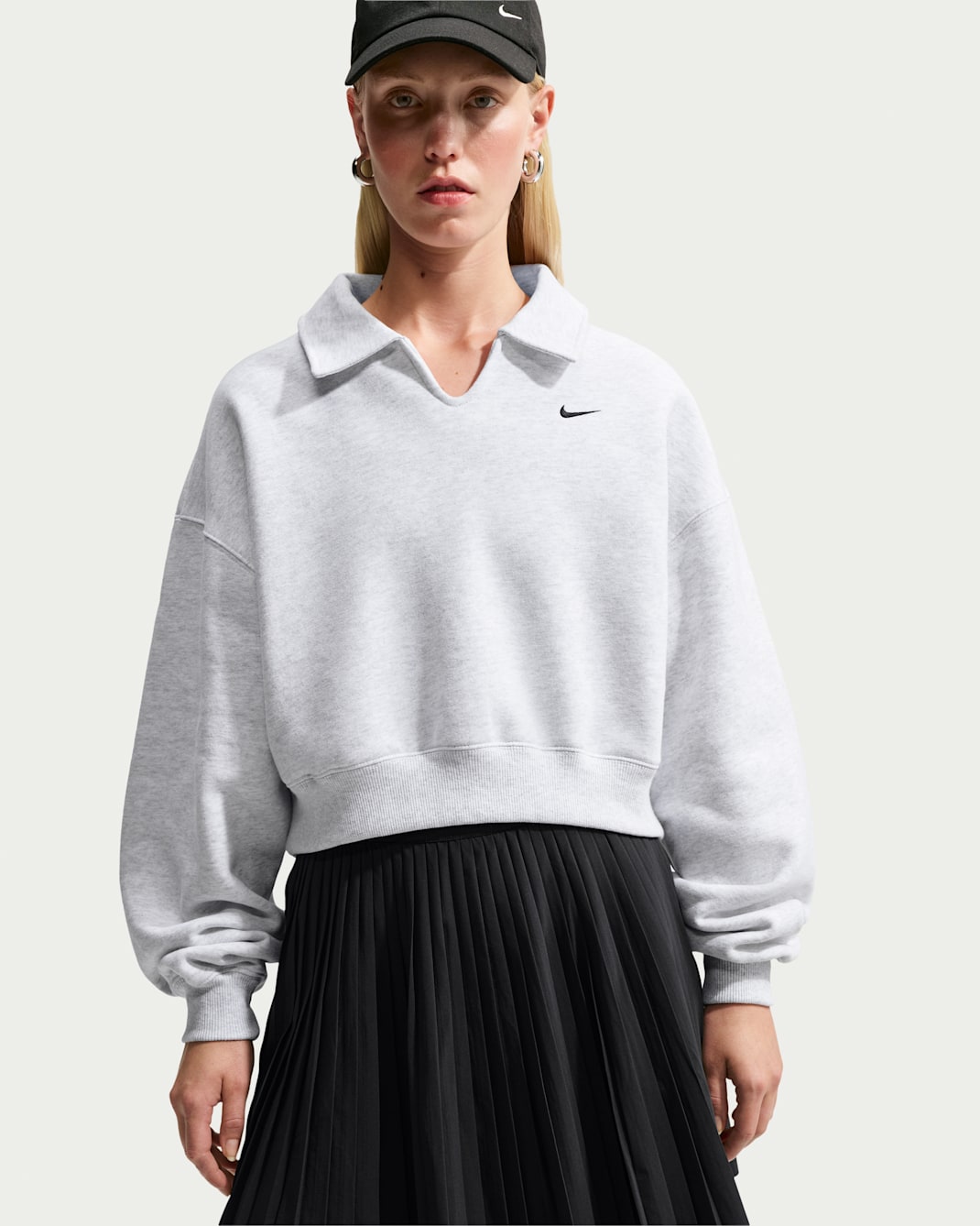 Nike Studio Fleece Medium Weight Women's Oversized Cropped Polo - Birch Heather/Black