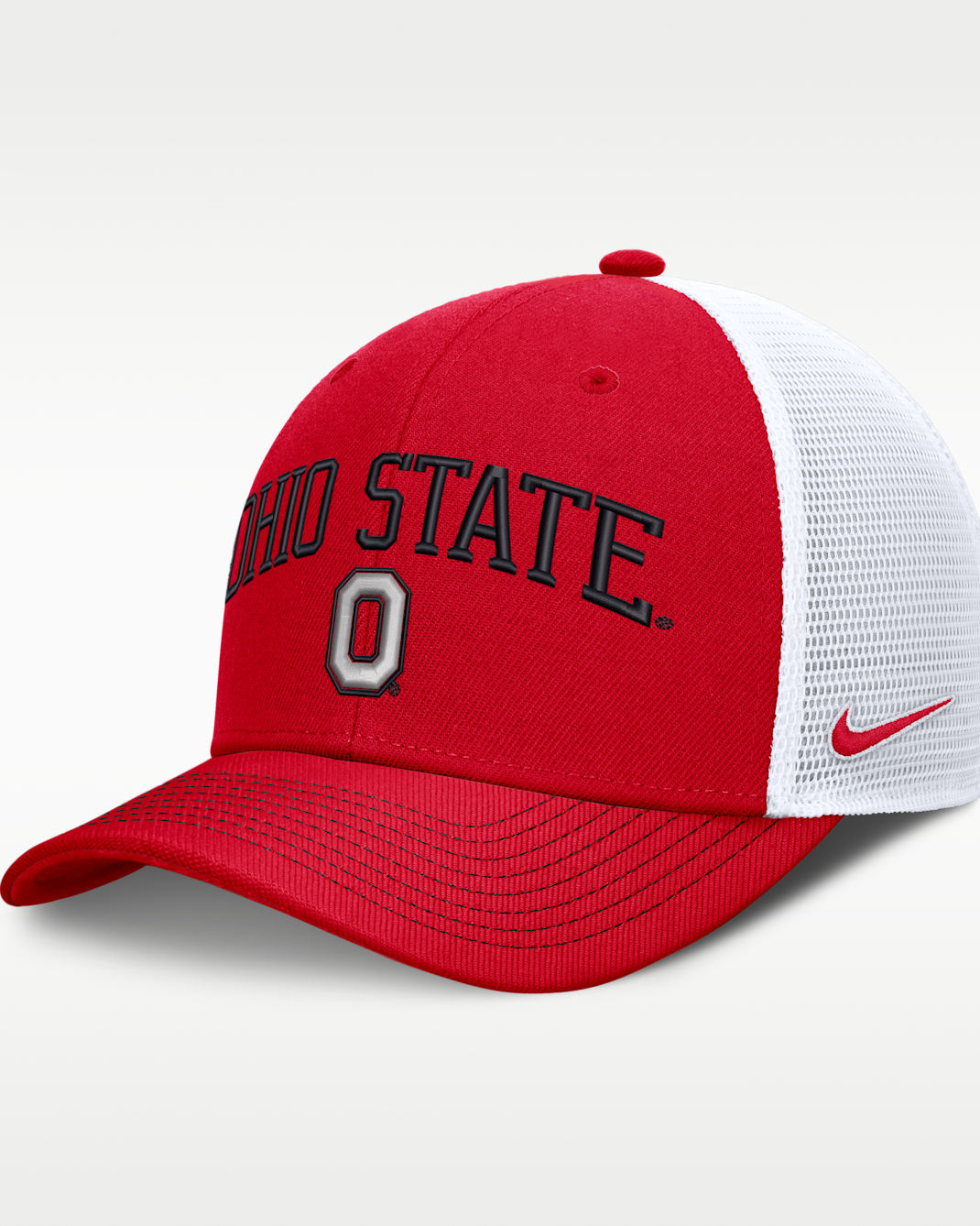 Ohio State Primetime Arched Men's Nike Dri-FIT College Trucker Adjustable Hat - Scarlet/White