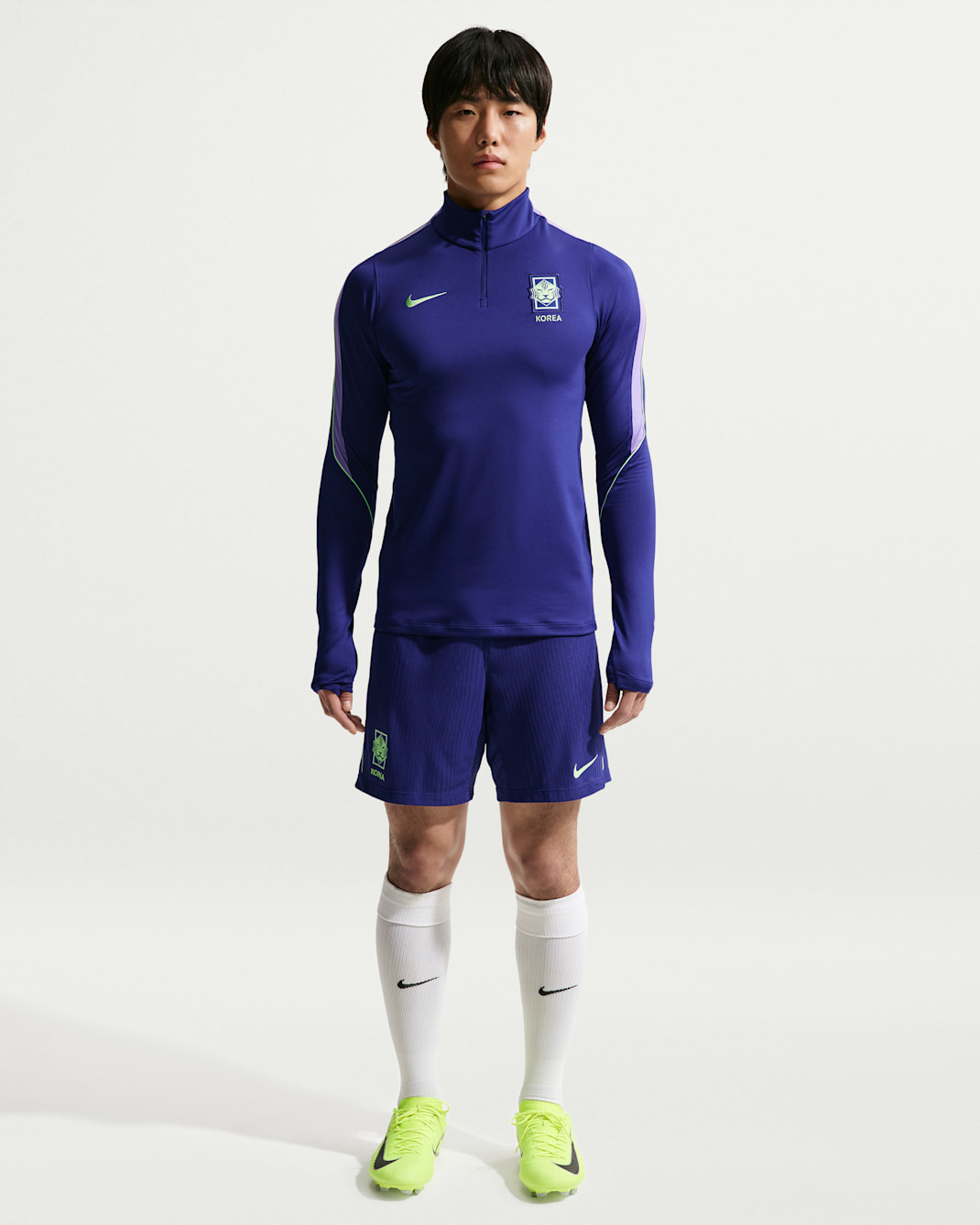 대한민국 스트라이크 엘리트 남성 나이키 드라이 핏 ADV 축구 니트 쇼츠 - 리전시 퍼플/스페이스 퍼플/라이트 리퀴드 라임/라이트 리퀴드 라임