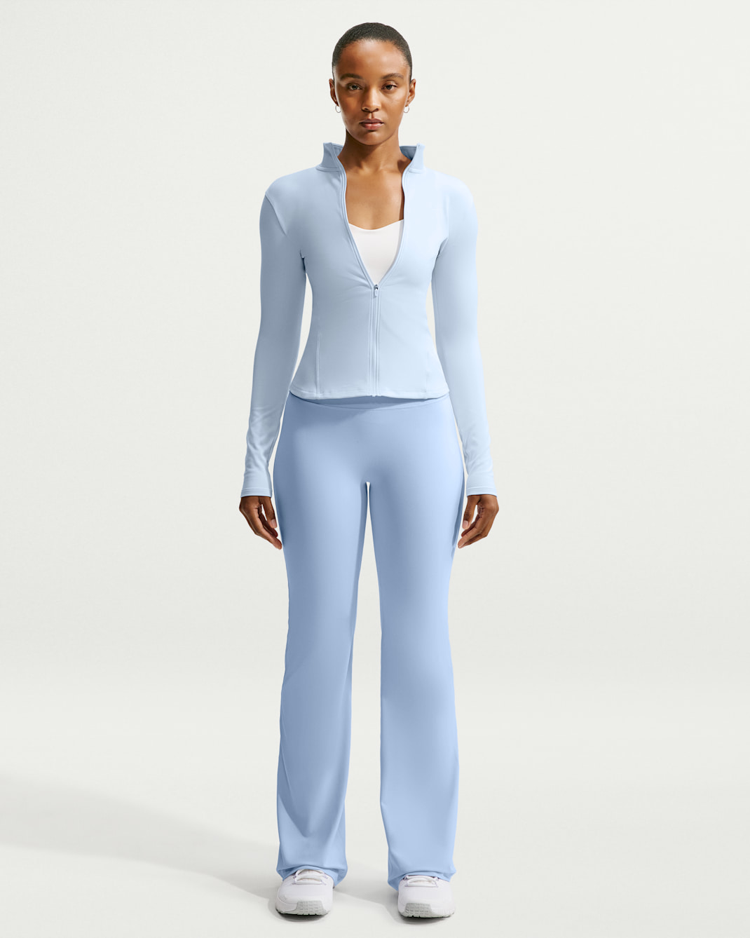 Leggings acampanados de tiro alto sin costura delantera para mujer Nike Zenvy - Azul hidrógeno/Gris azulado