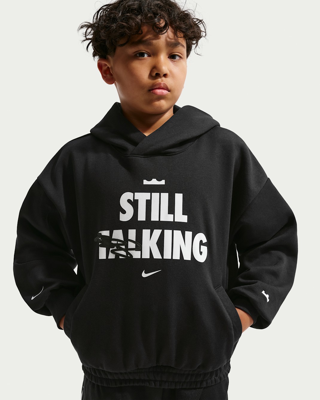 Sudadera con gorro de básquetbol para niños grandes LeBron "Shut Up And Dribble" - Negro/Blanco